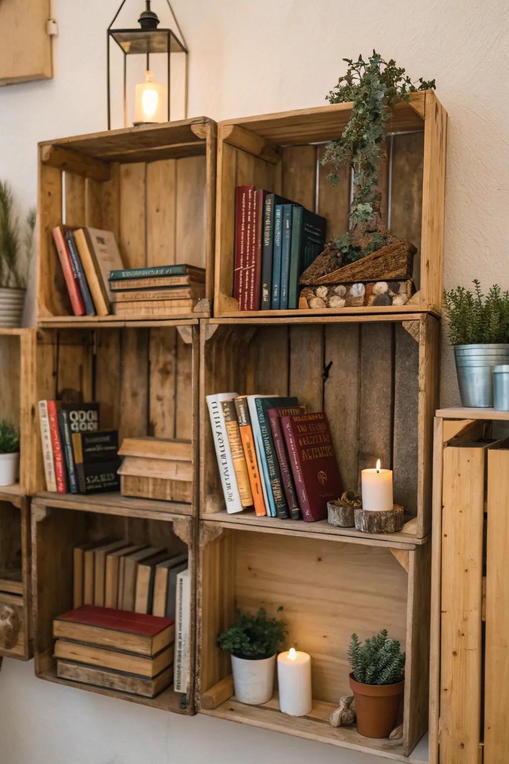 Creative shelves using mounted wooden boxes.