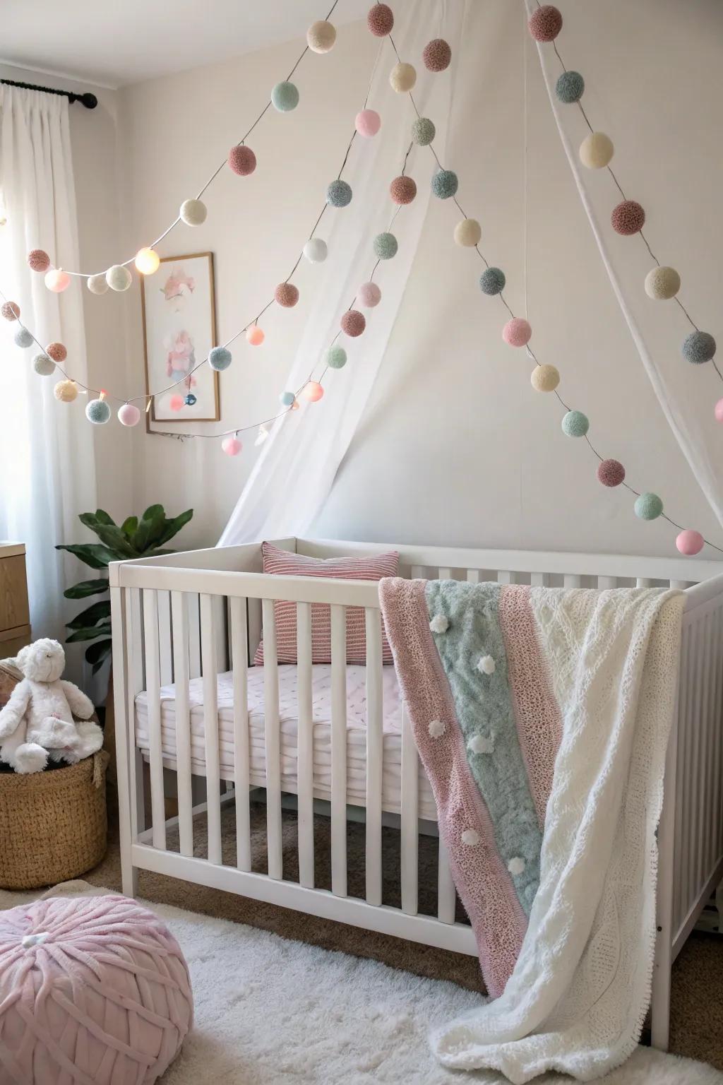 Pastel felt ball garlands create a serene, enchanting atmosphere in nurseries.