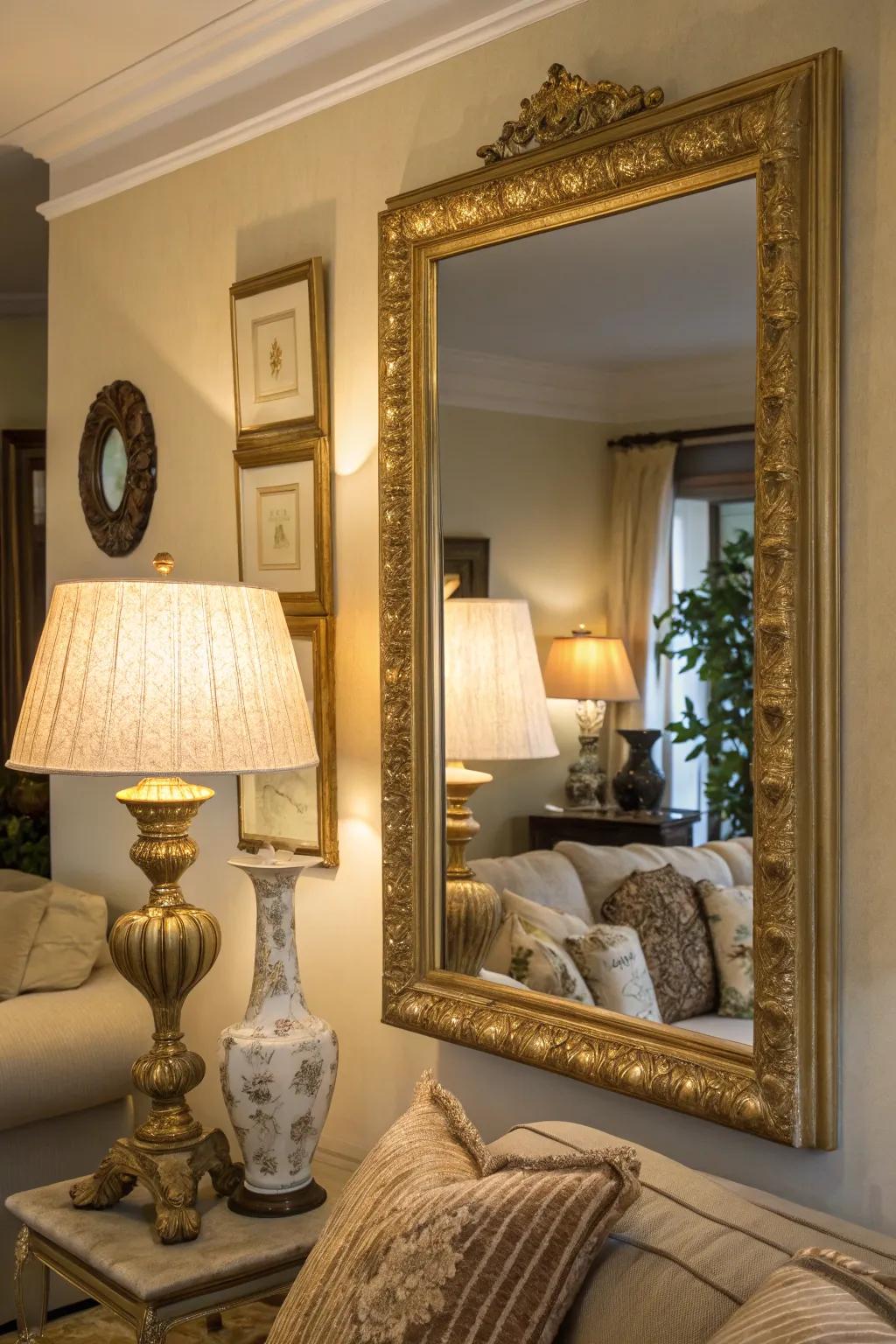 A stylish living room featuring a mirror with a gold frame and matching lamps.