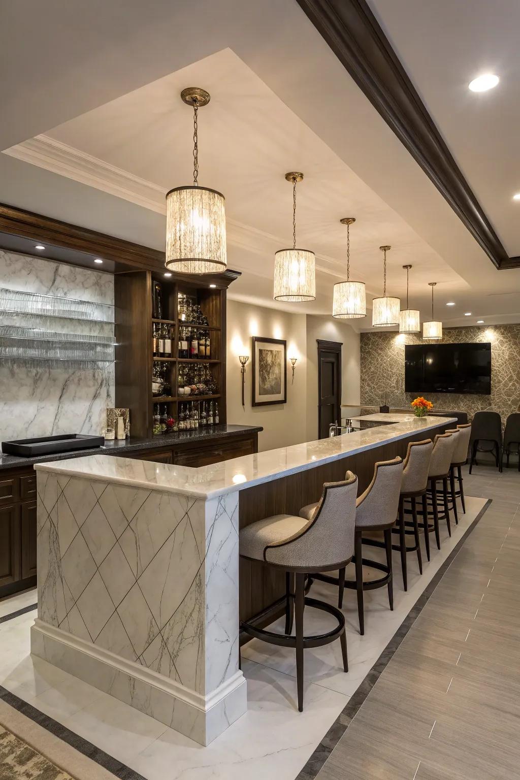 Achieve streamlined sophistication through a modern, elegant basement bar.