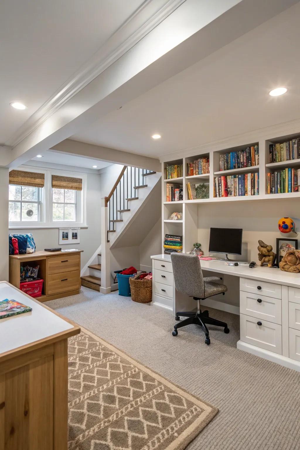An adaptable basement area suits both work and play.