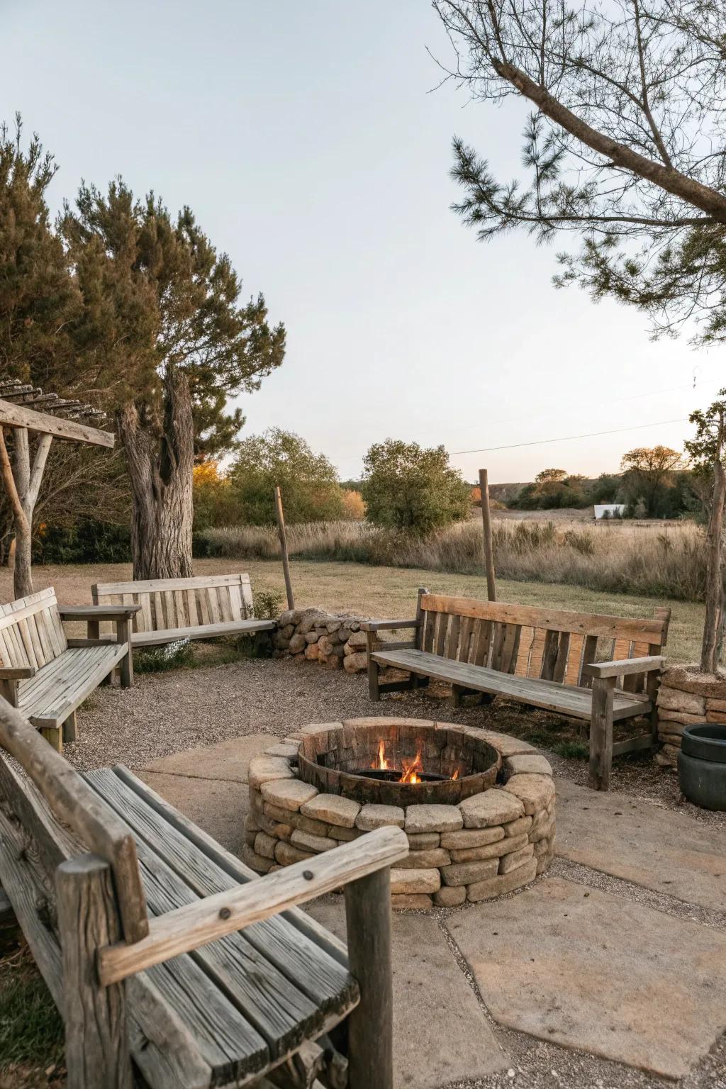 Rustic wooden benches give a natural touch to the fire pit area.