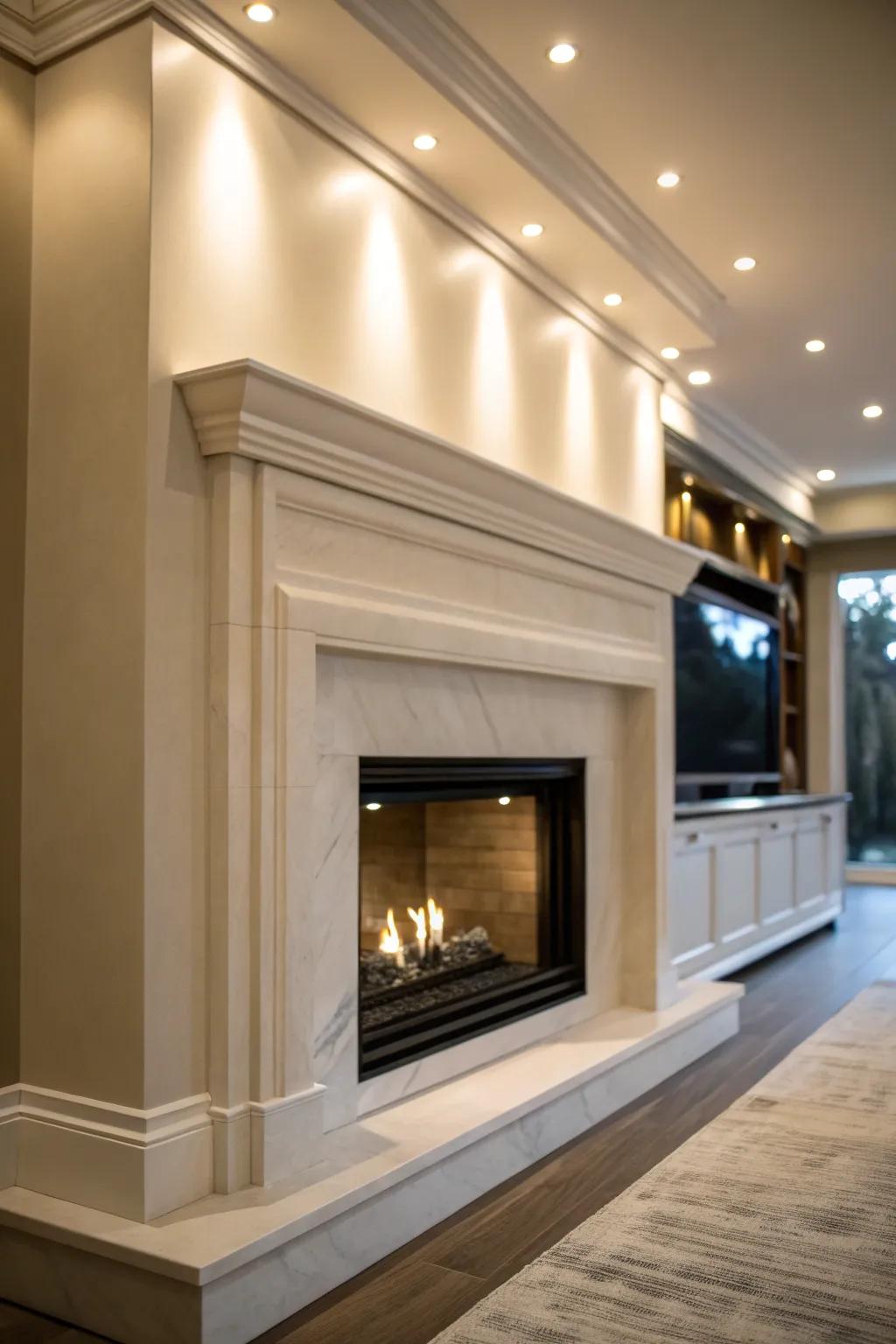 Recessed lighting brings understated elegance to the fireplace area.