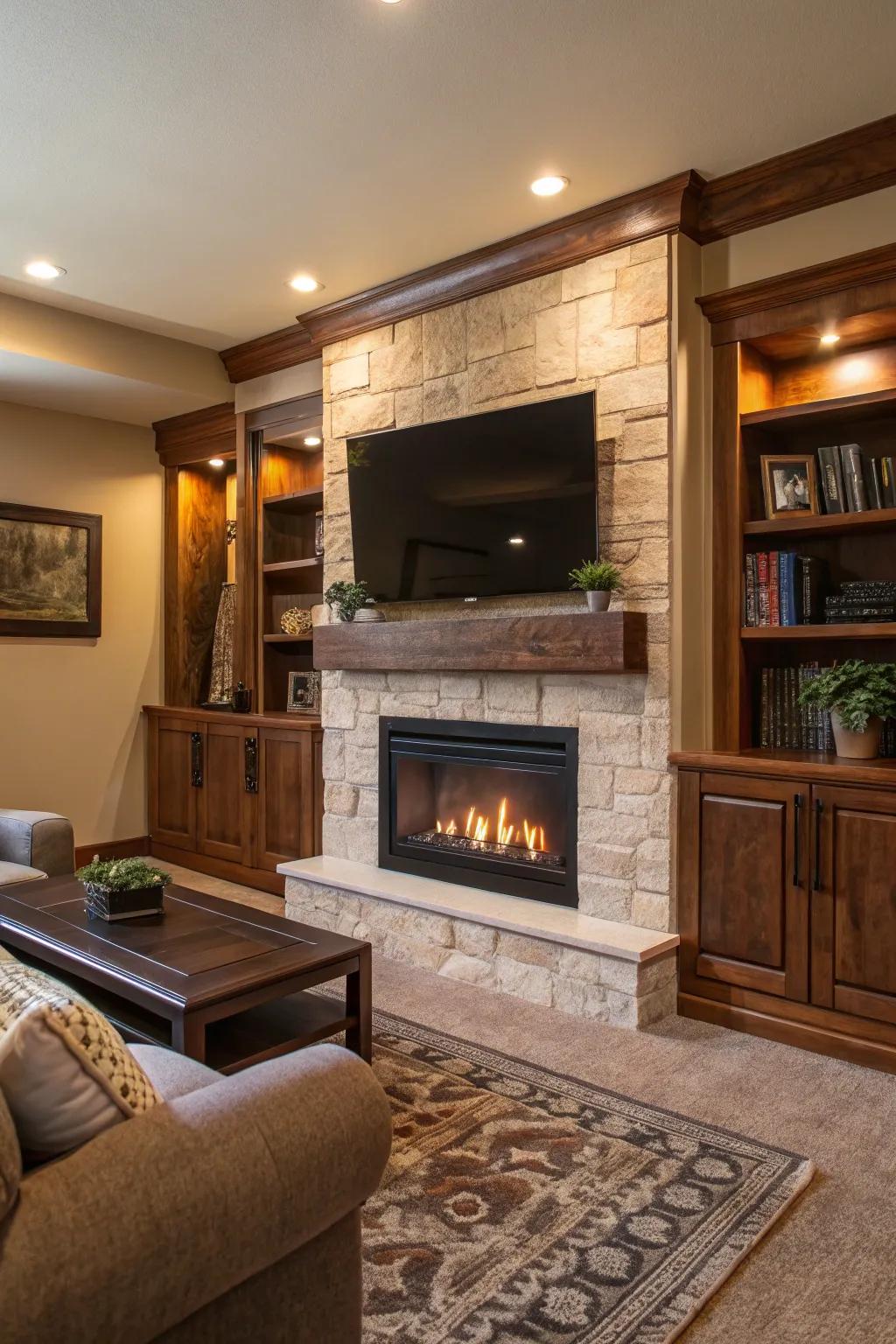 Design a cohesive entertainment area with a TV positioned above the fireplace.
