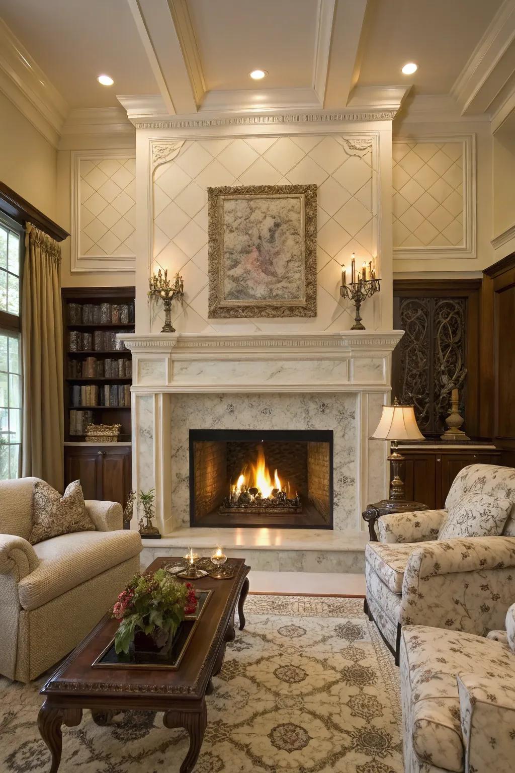 Classic beauty showcased by granite tiles and a traditional mantel.