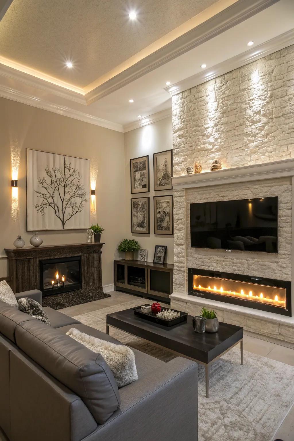 A family room displaying feature lights on a fireplace wall through TV.