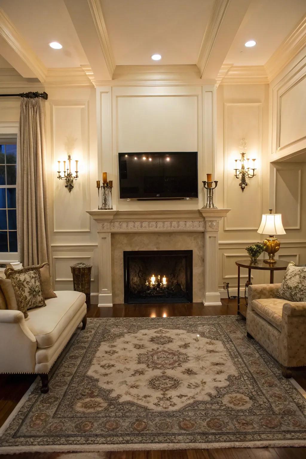 A symmetrically planned living room with a TV and fireplace.