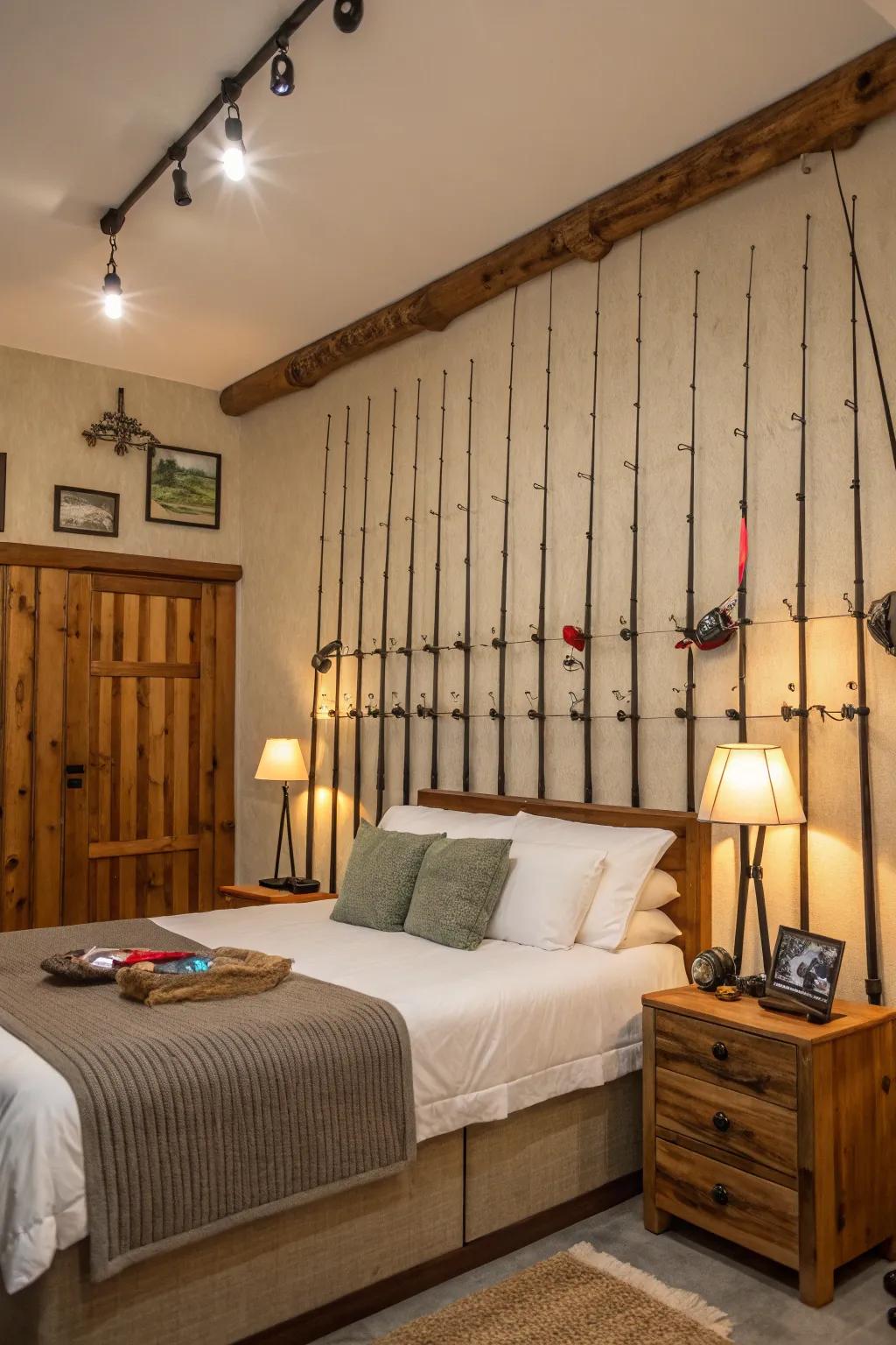Fishing rods present a distinctive and functional wall display.