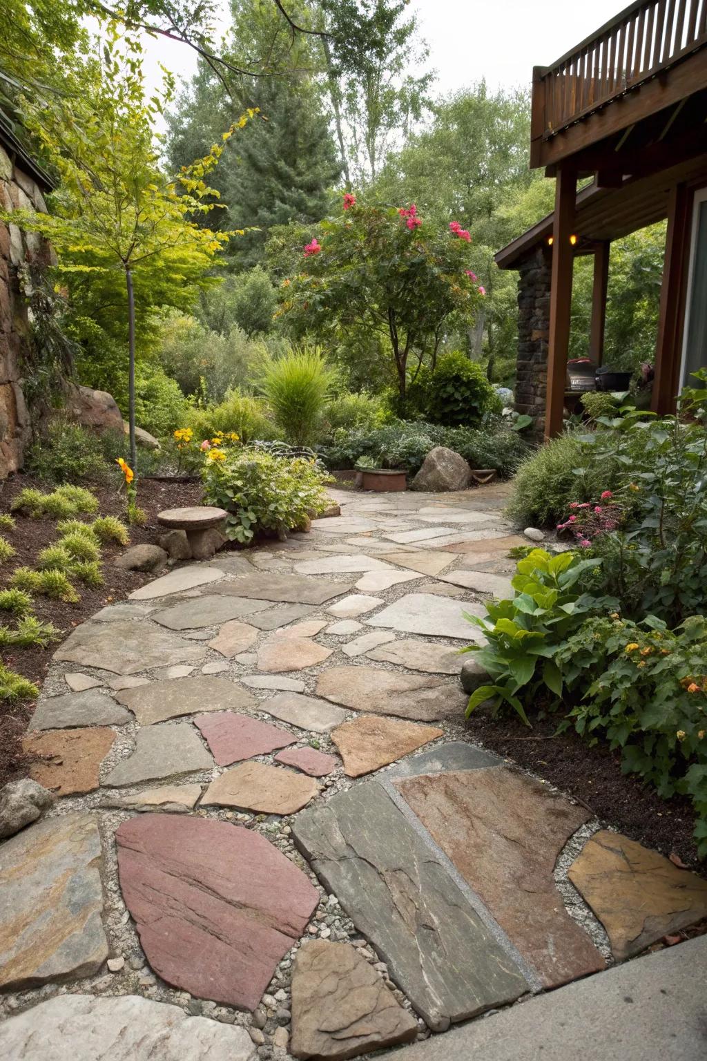 An earthy flagstone patio featuring an organic design.