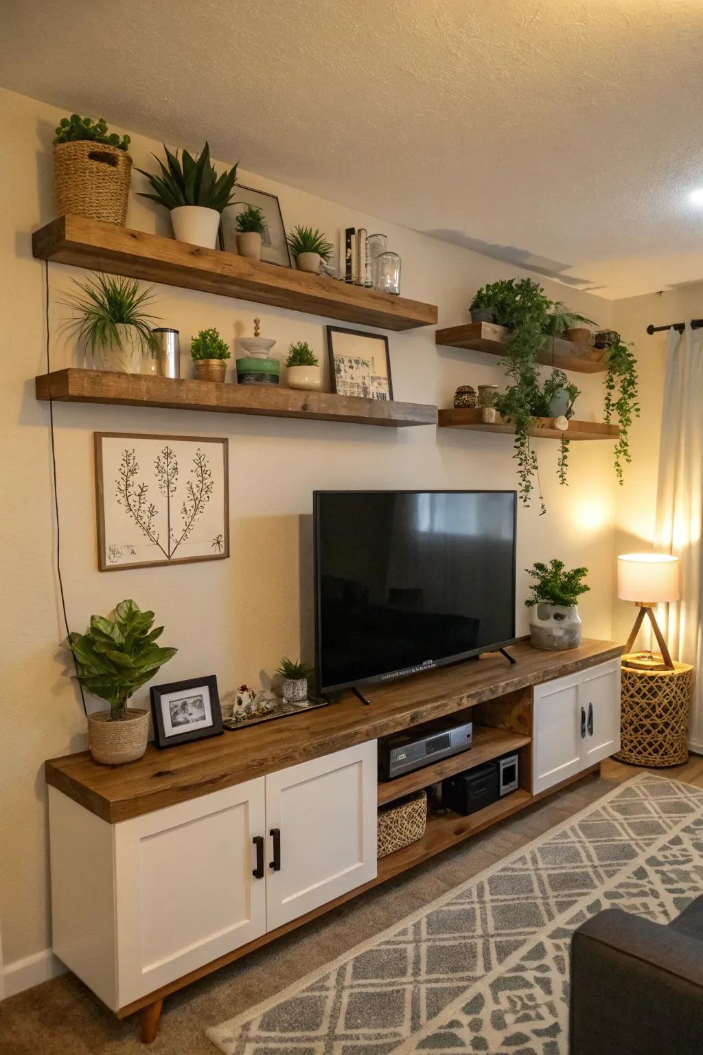 Greenery enhancing shelf decor.