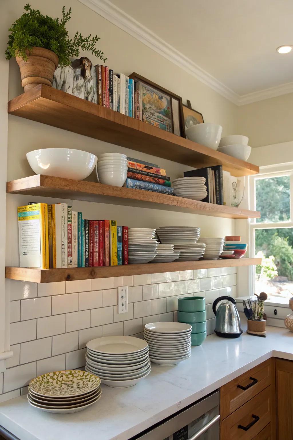 Wall-mounted ledges in the cooking space create an organized and stylish environment.