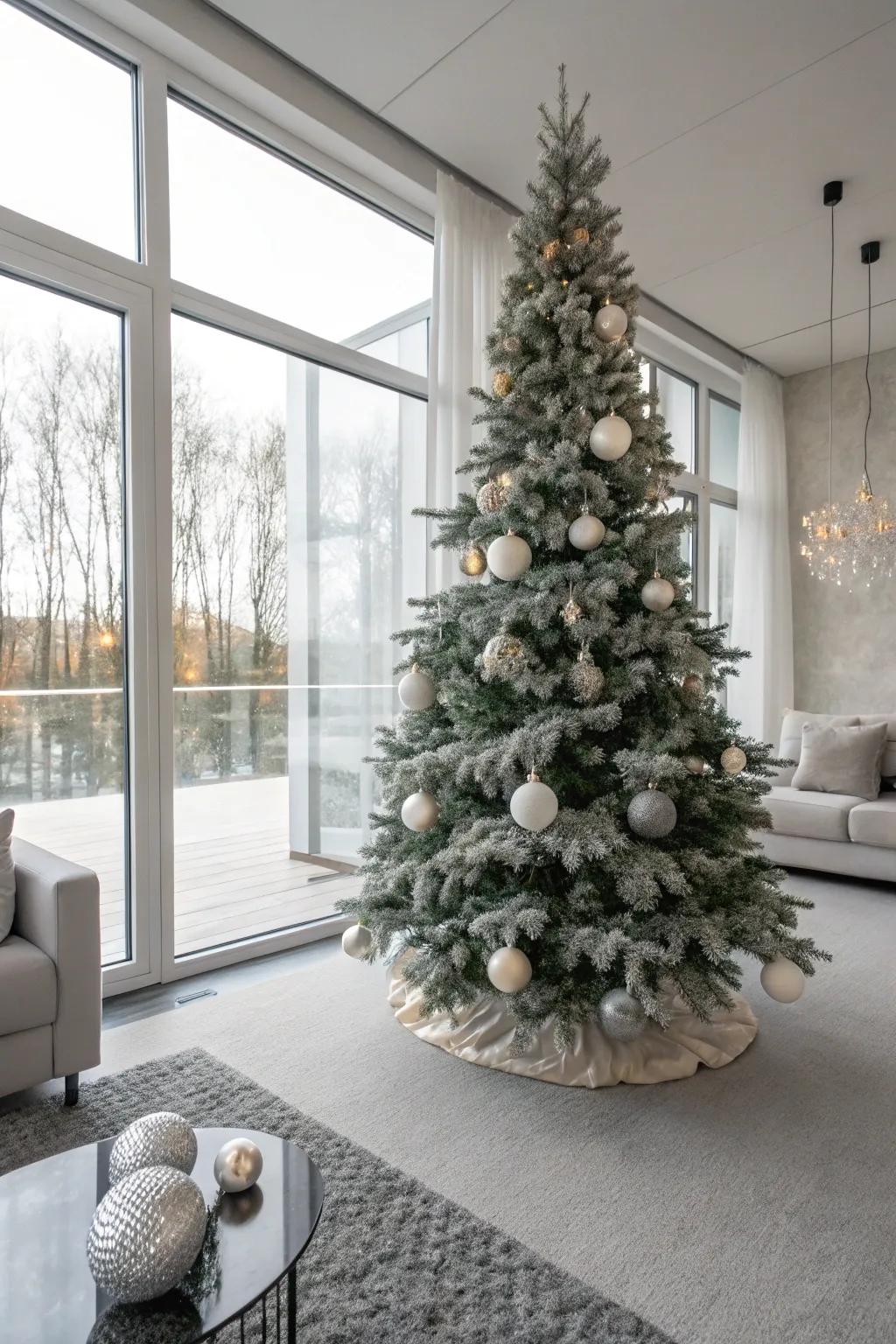 A simple and elegant flocked Christmas tree using neutral shades.