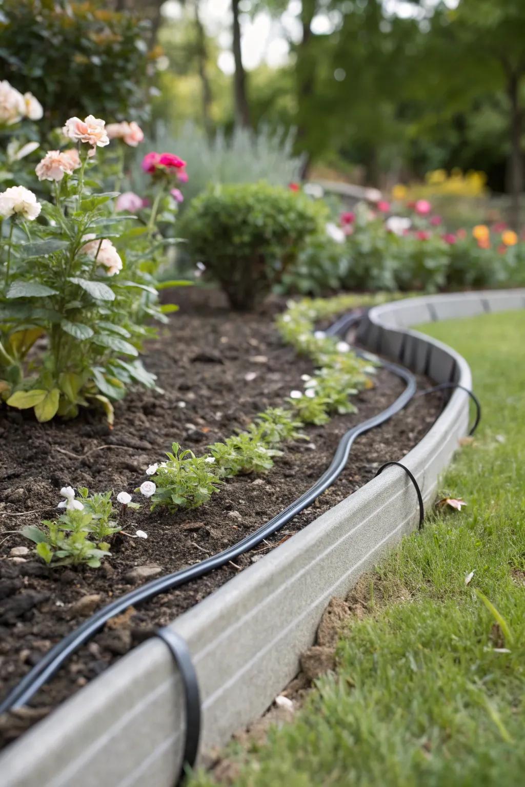 Plastic edging grants flexibility for fluid, curved flower bed borders.