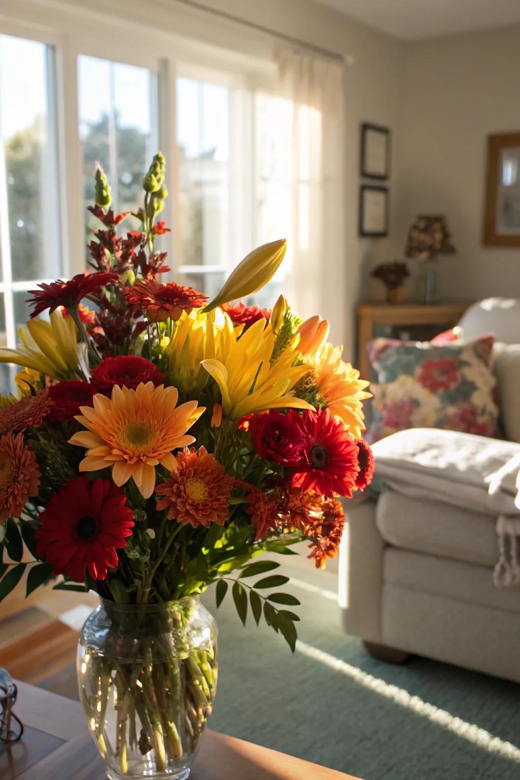 A vibrant bouquet introduces a lively element to a sunlit living area.