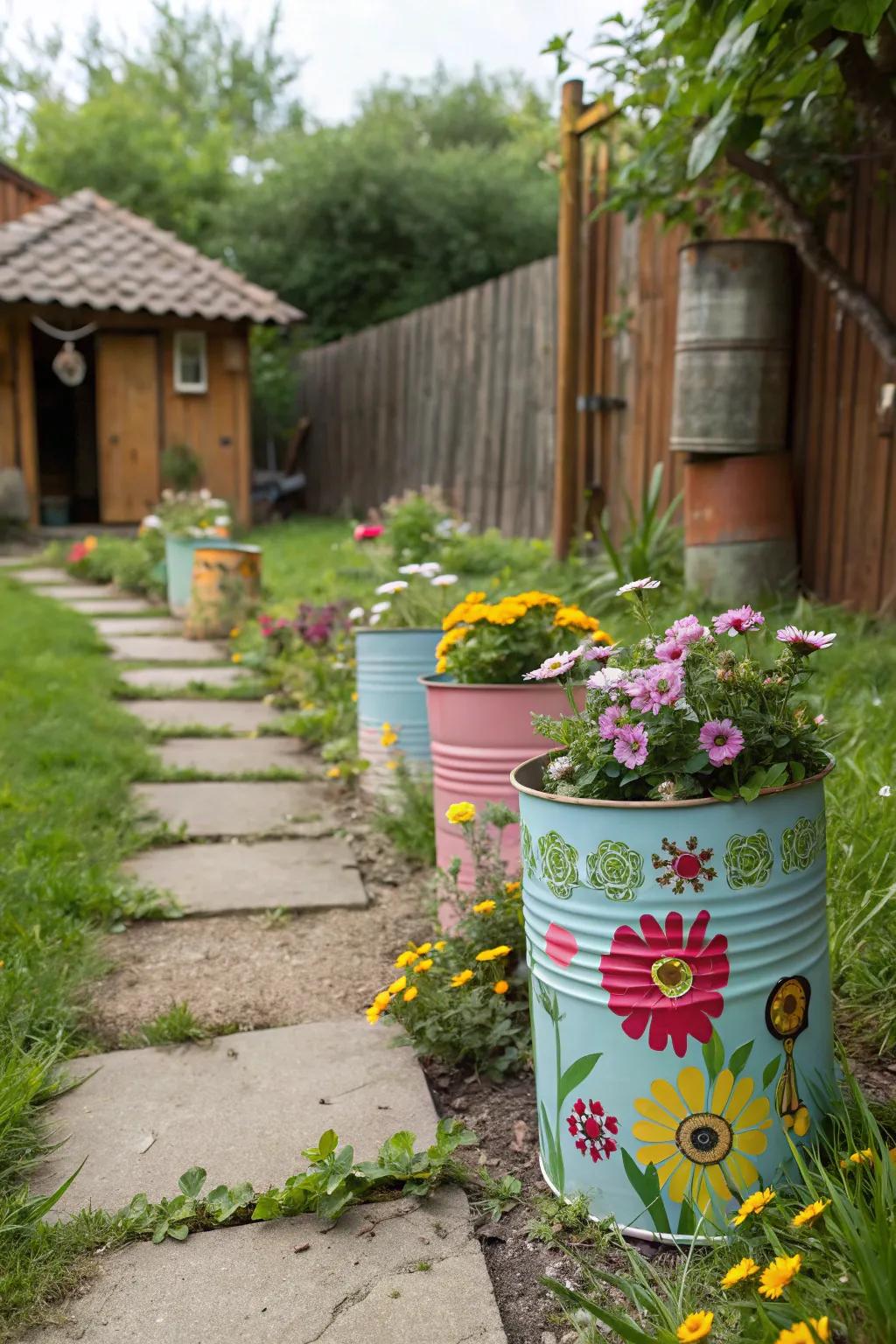 Re-purpose metallic canisters into appealing plant holders featuring a country impression.