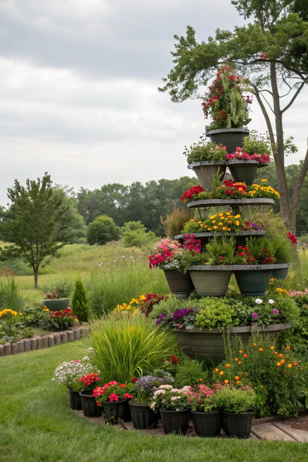 Tiered flower containers generating depth and visual interest in the yard.