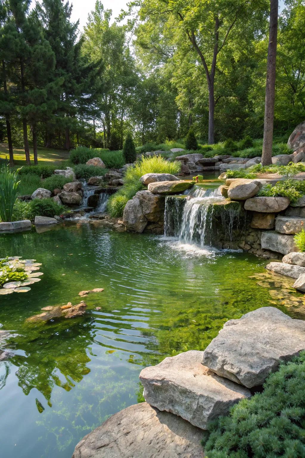 A tranquil water feature that enhances the garden's natural appeal.