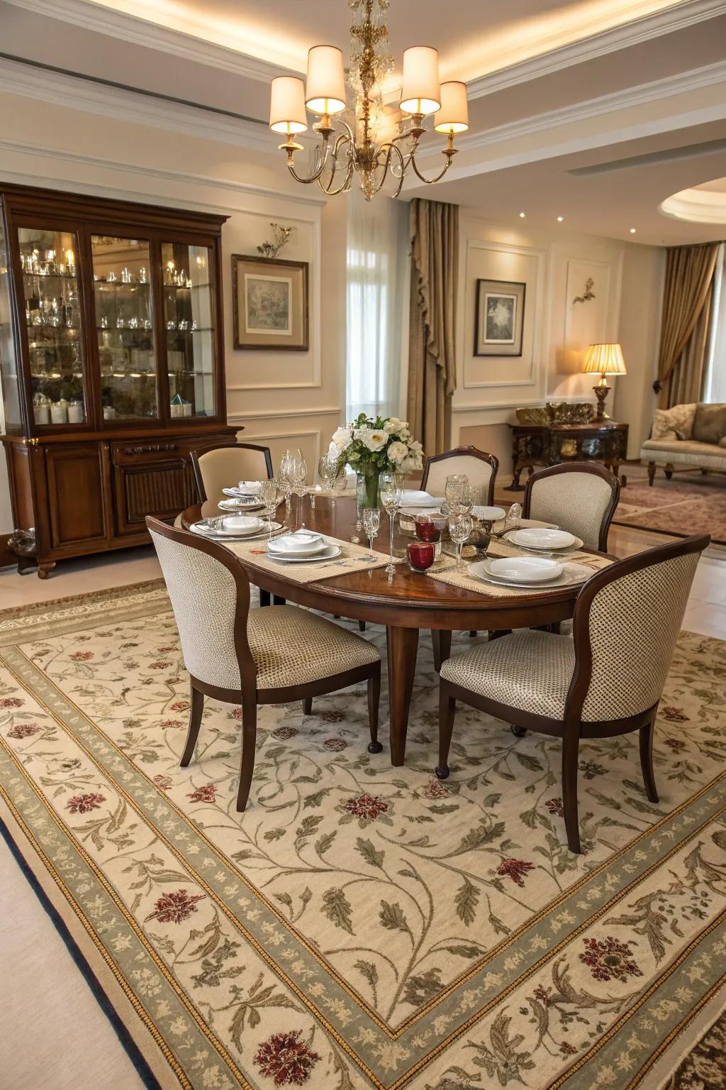 A thoughtfully selected floor covering can define and add warmth to your dining area.