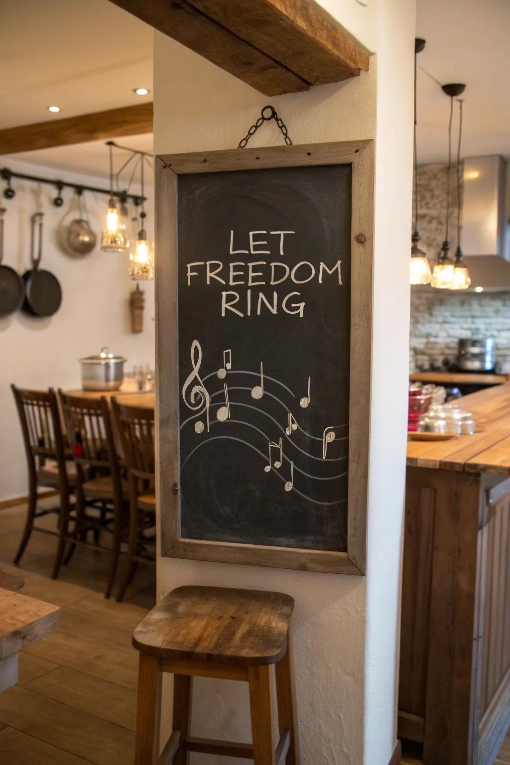 'Freedom's Call' chalkboard art with musical elements.