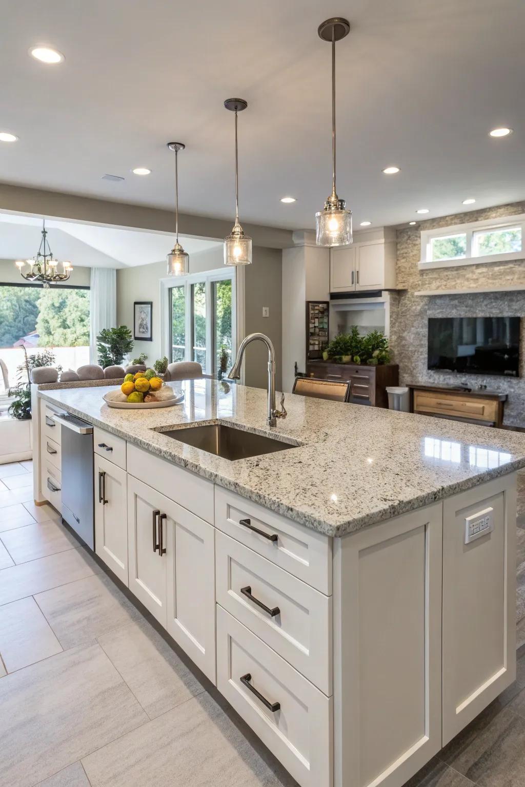 A functional cooking island equipped with an integrated unattached sink.