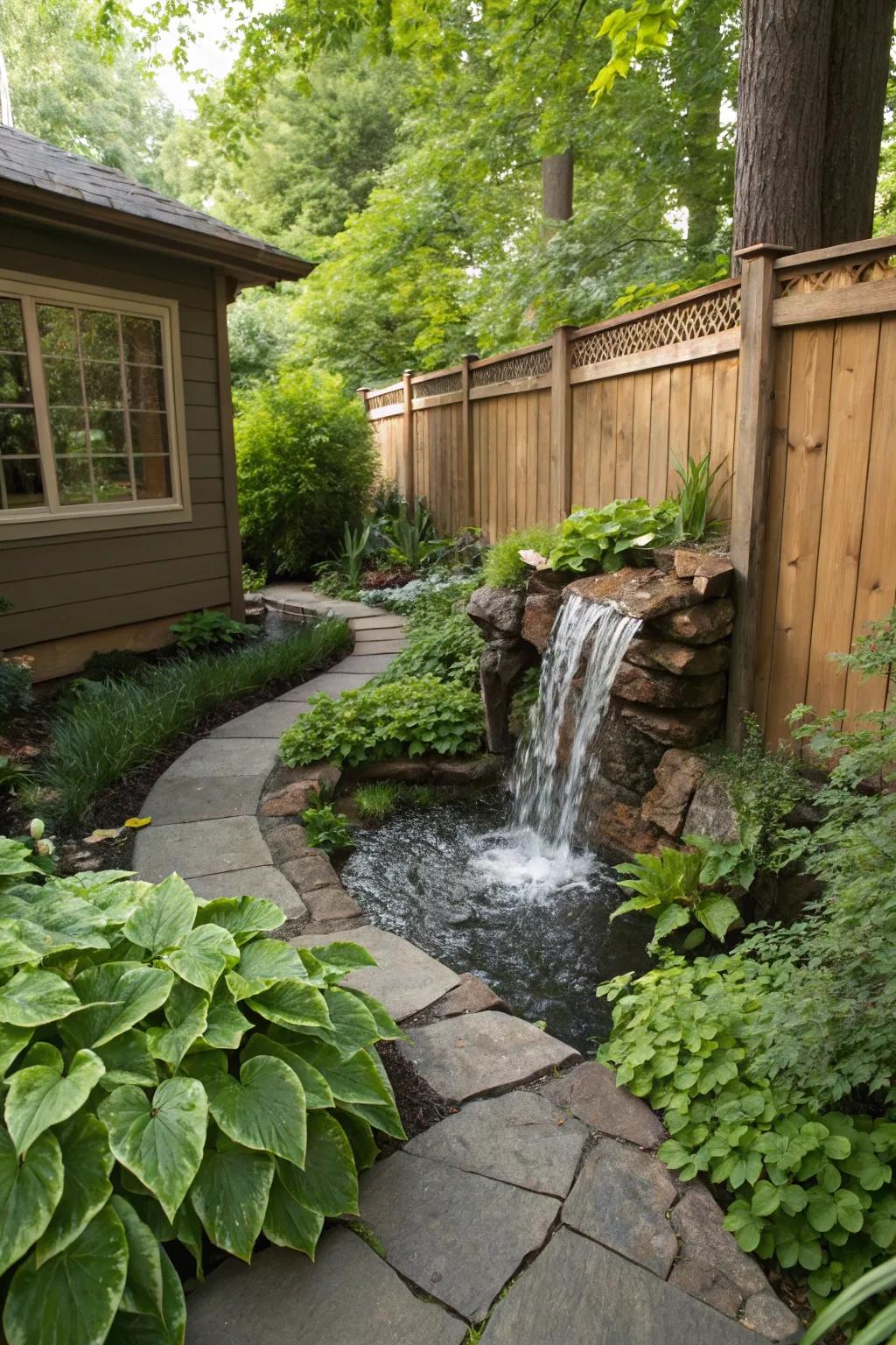 A peaceful water feature concealing a drainage system in a green oasis.