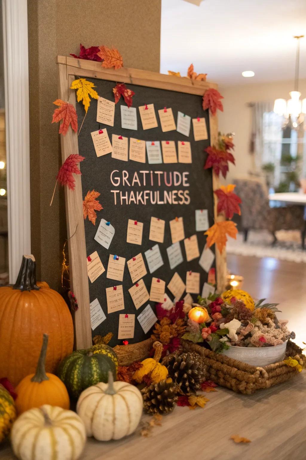 A thankfulness display filled with heartfelt notes from friends.