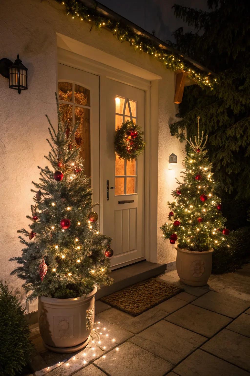 Uniform miniature holiday firs flanking the front entrance.