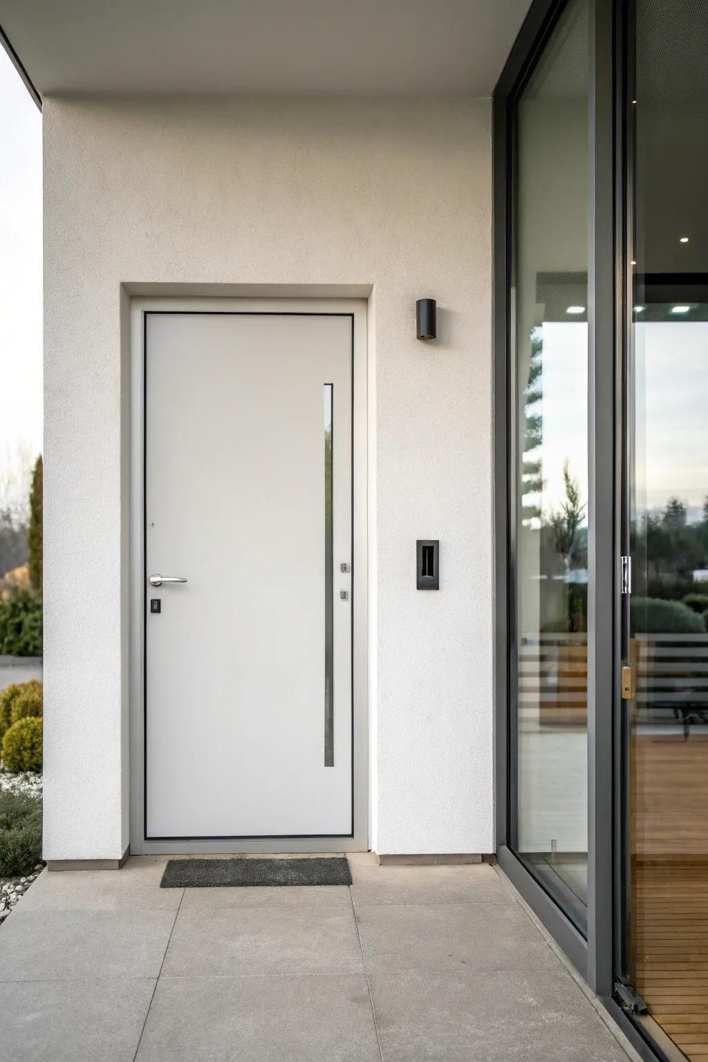 A minimalist metal door paired with a slender vertical sidelight exemplifies modern elegance.