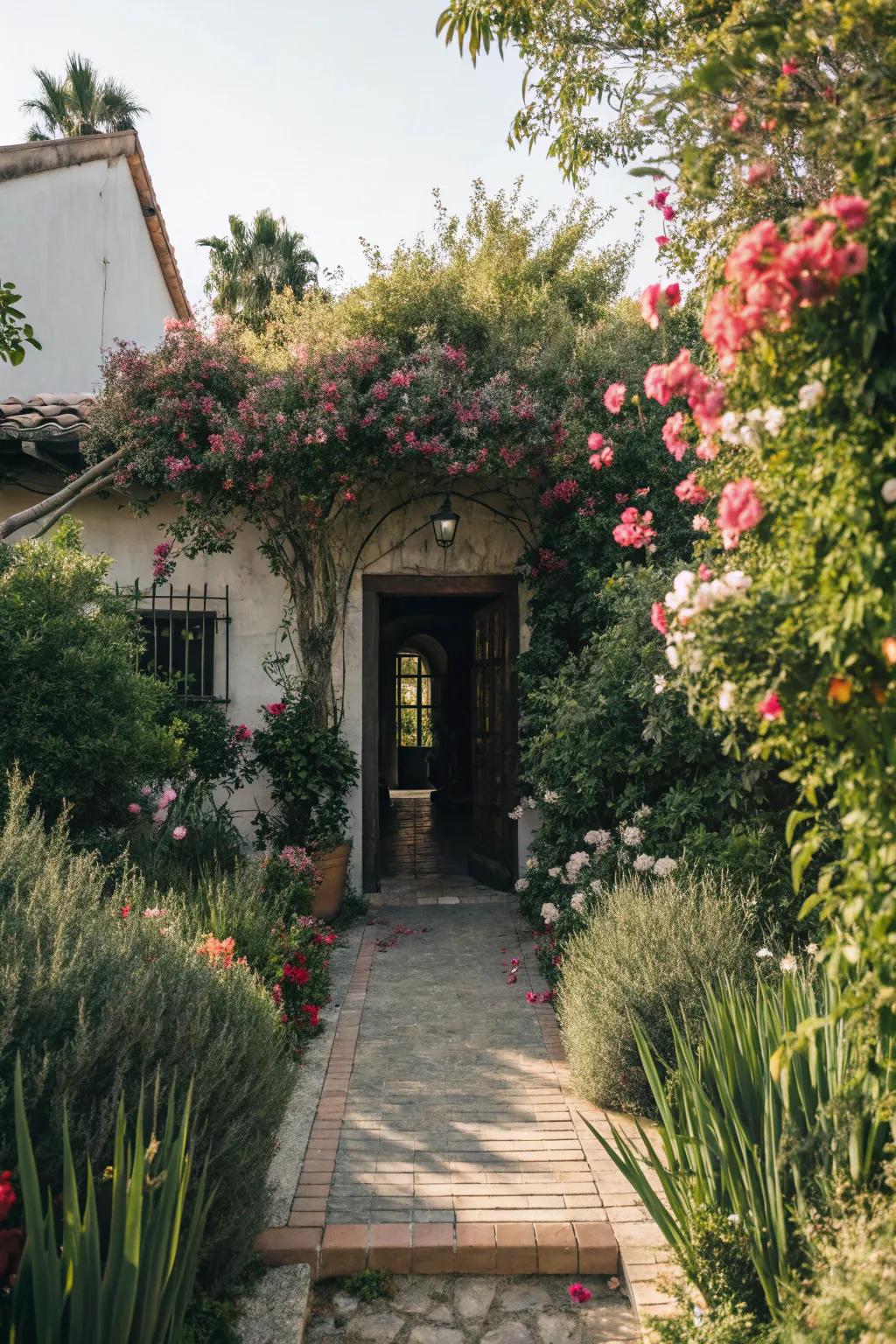 Vibrant greenery emphasizing the welcoming atmosphere of the entrance.
