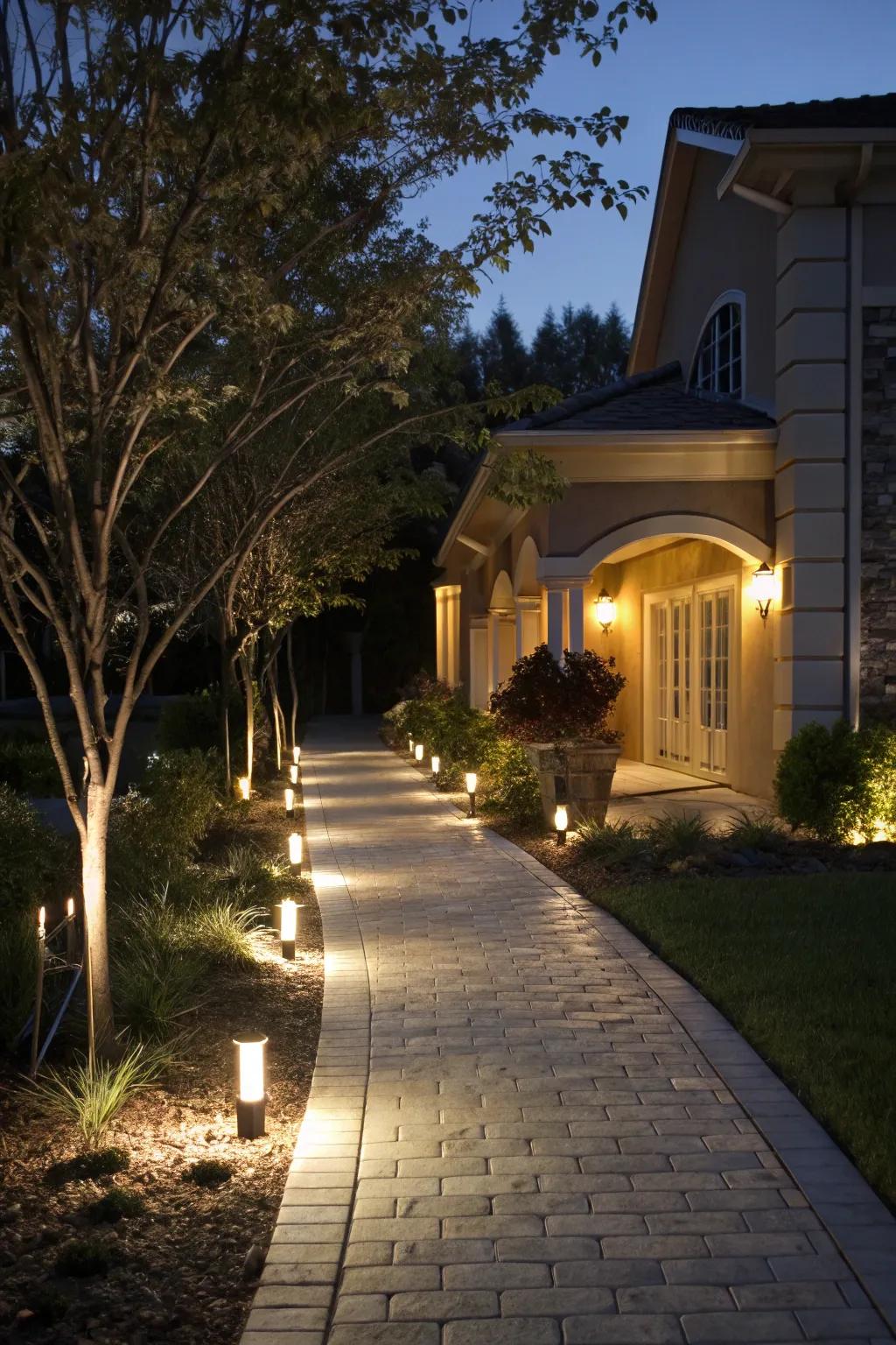 A beautifully illuminated walkway creating a cozy environment during the night.