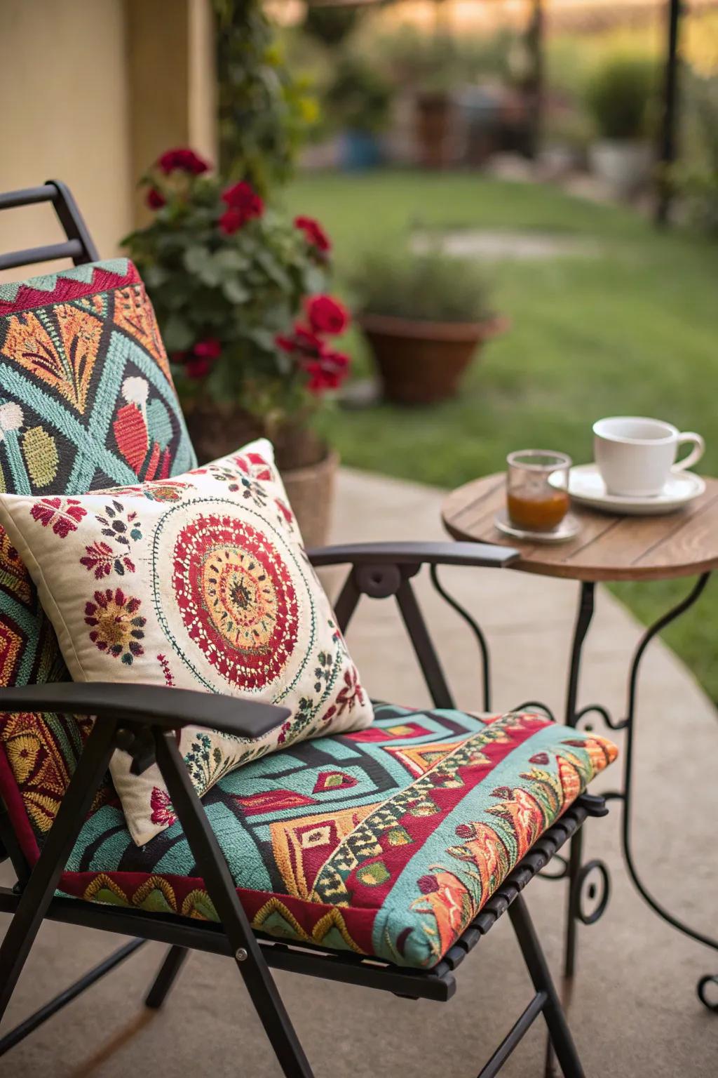 Bold cushions infuse personality and comfort into patio furniture.