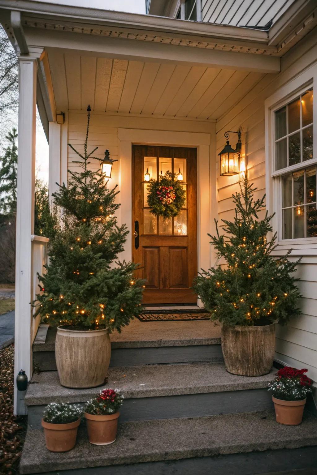 Miniature Yuletide firs introduce holiday merriment right at your entrance.