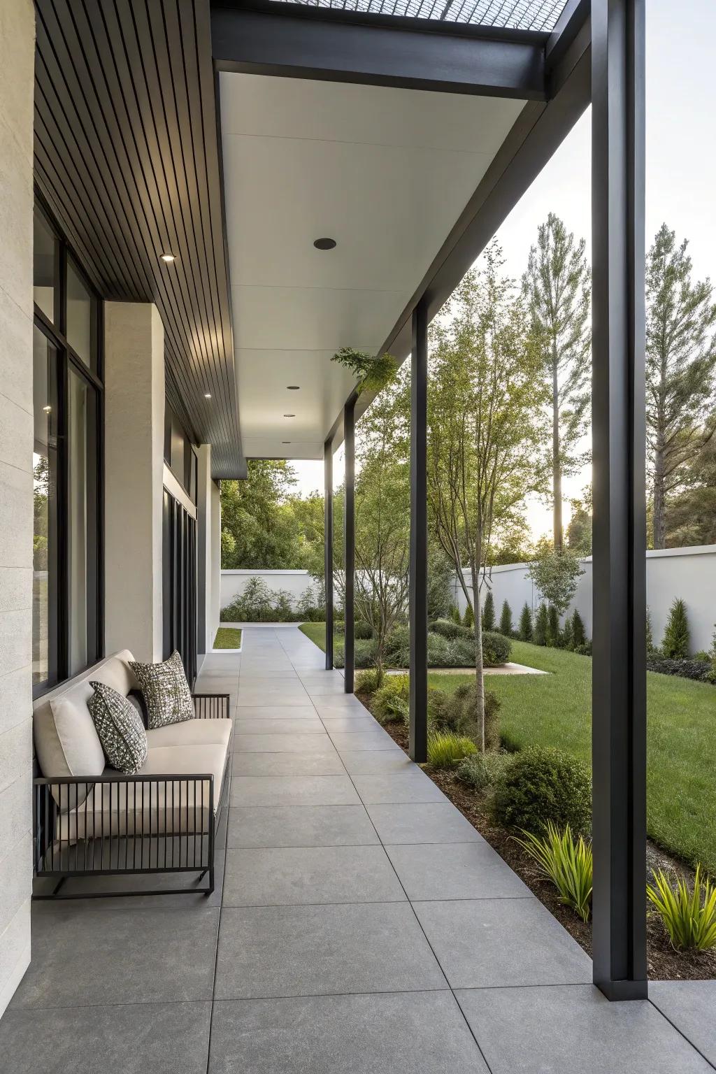 A modern touch is achieved on your front porch with metal columns.