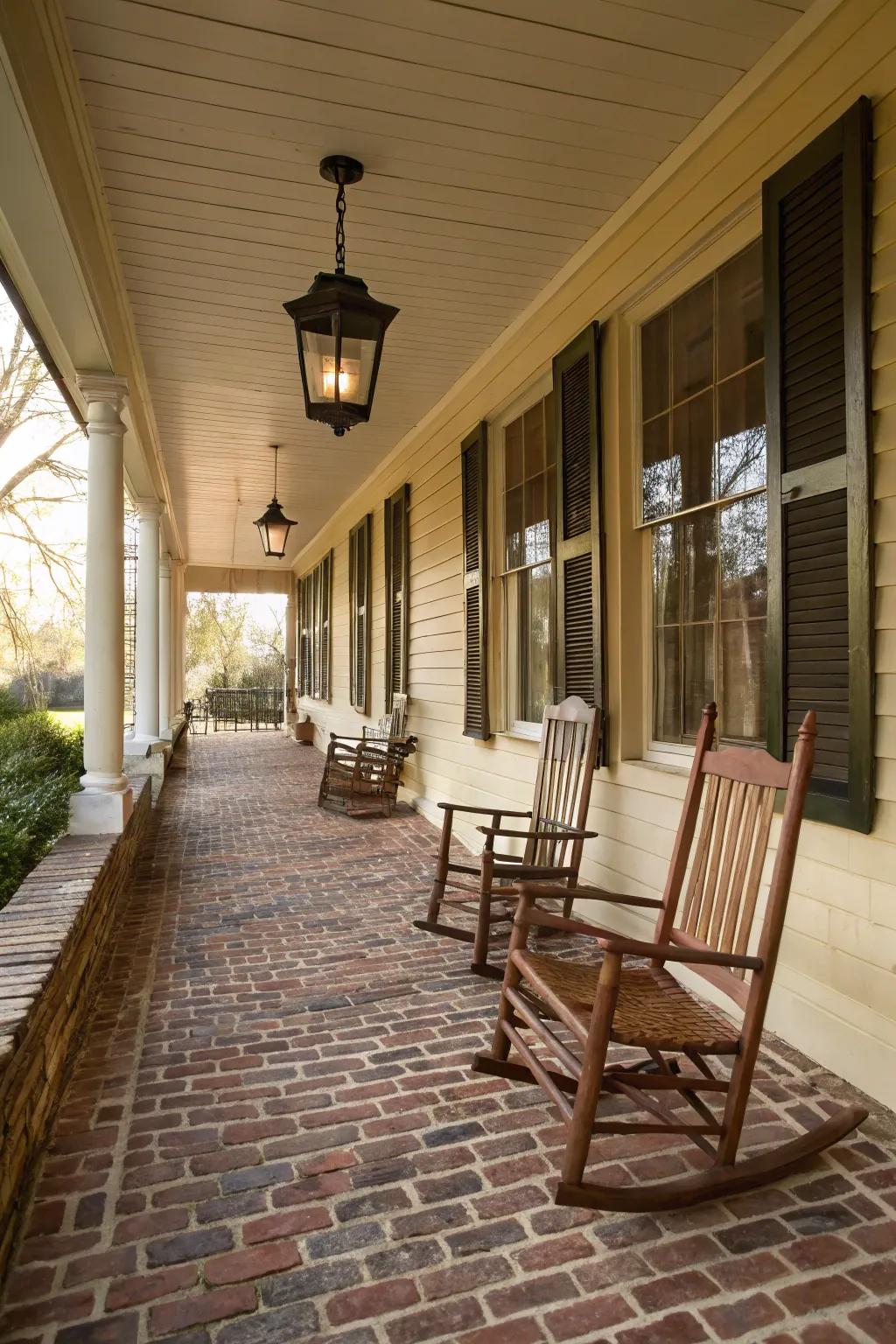Brick flooring delivers a timeless and inviting atmosphere for porches.