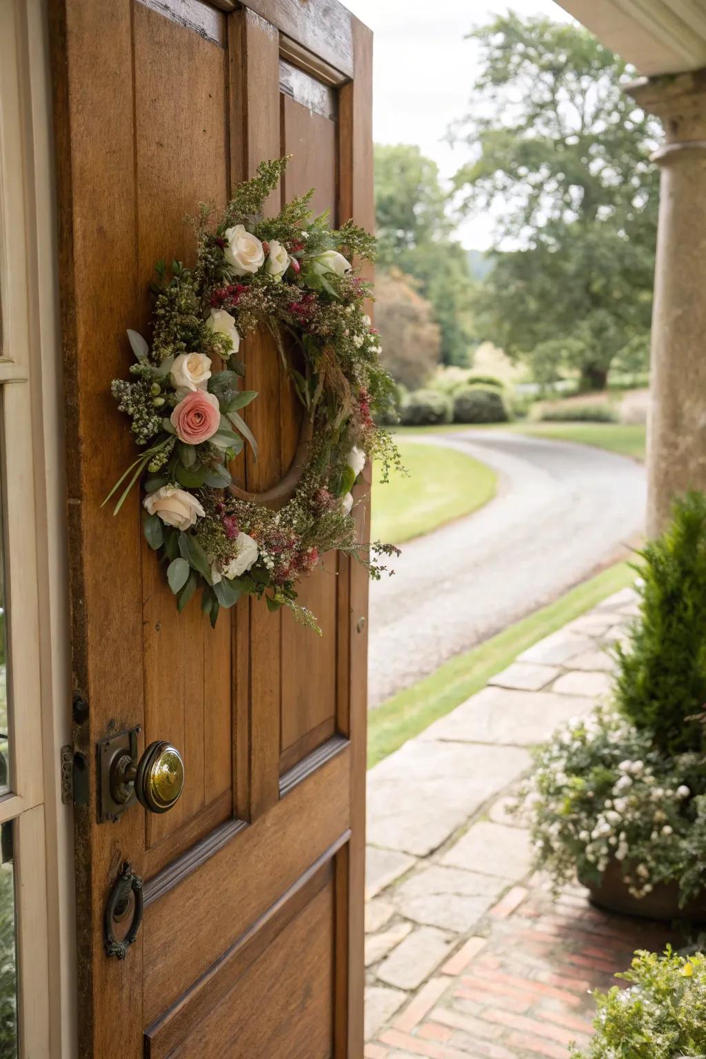 A front door decorated with a seasonal floral wreath.