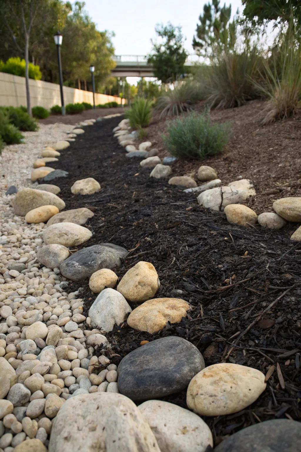 Contrast stones with dark mulch for a notable streambed design.