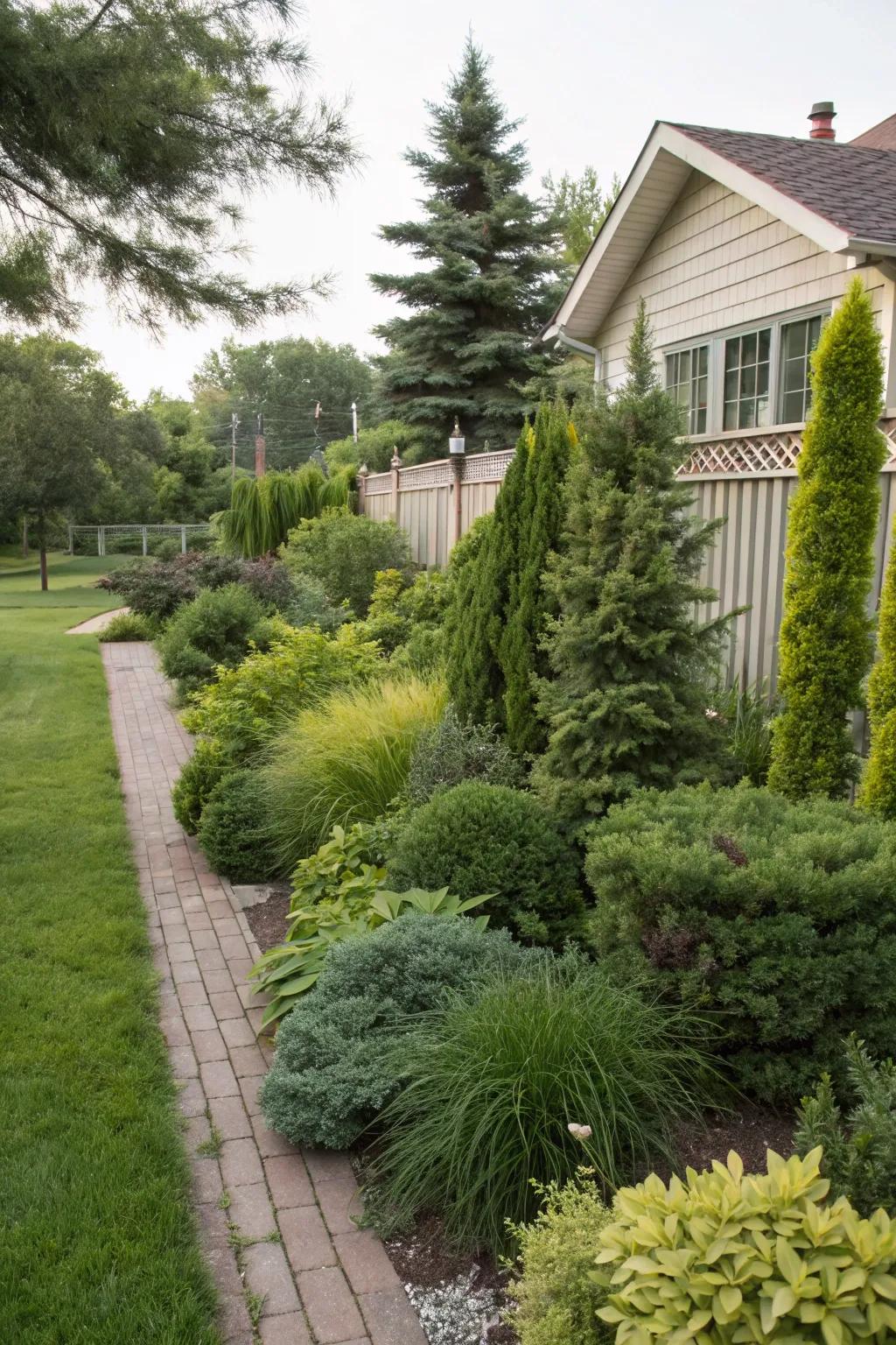 Layered evergreens bring depth and dimension to the landscape.