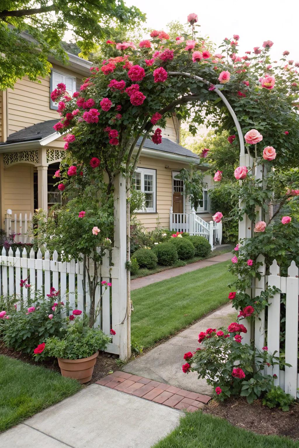 Arched trellis fences offer refinement and support for climbing greenery.