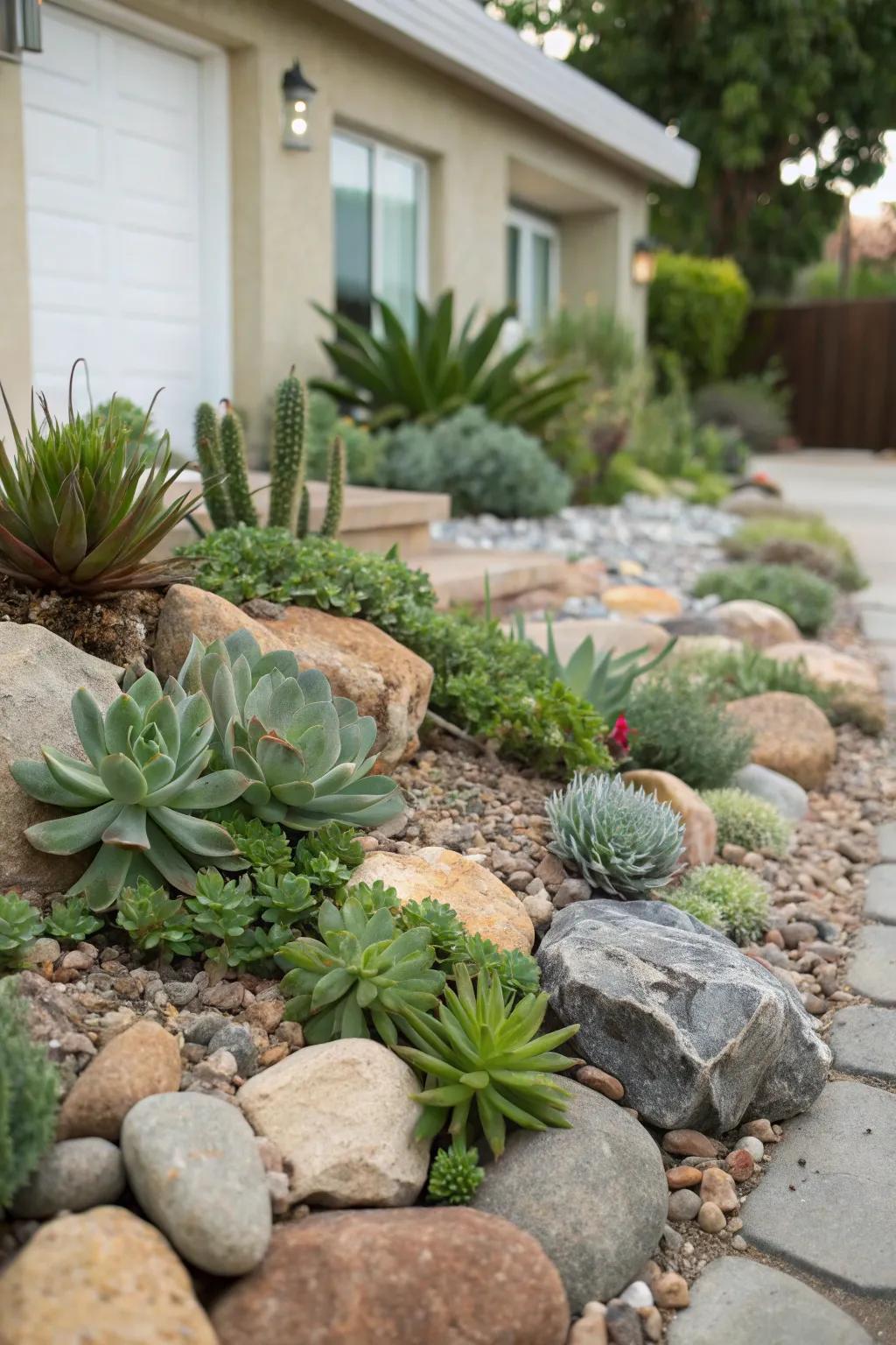 A rock garden showcasing water-wise plants and stones, resulting in a low-upkeep landscape.