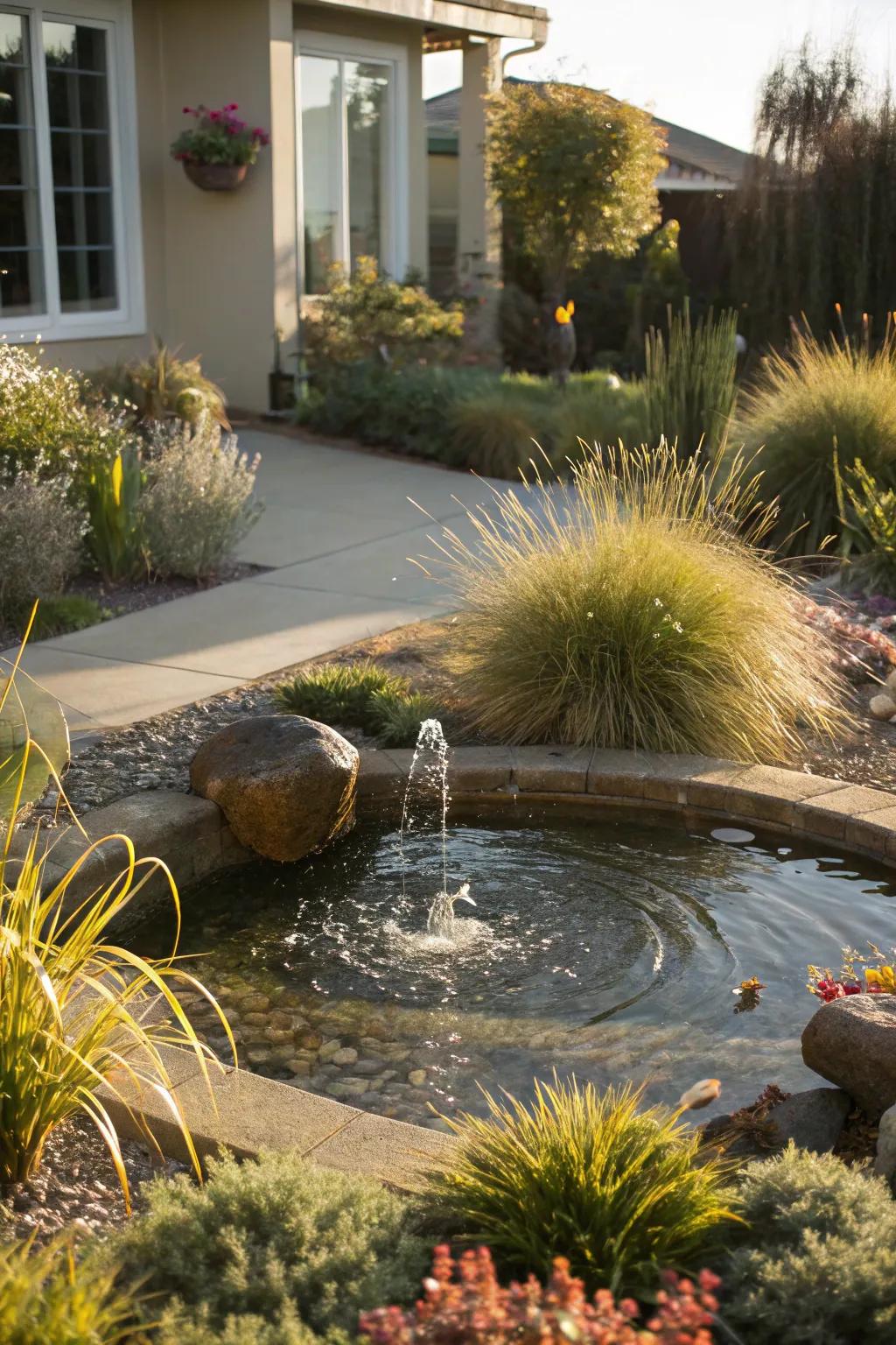 Water features add calmness and draw in wildlife.