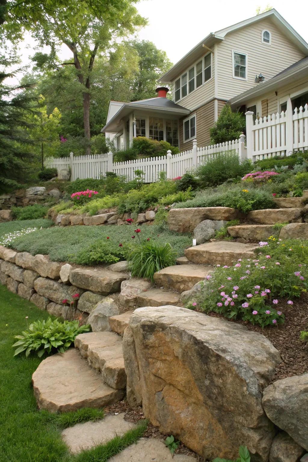 Infuse depth into your yard through staged gardens fashioned with sizable stones.