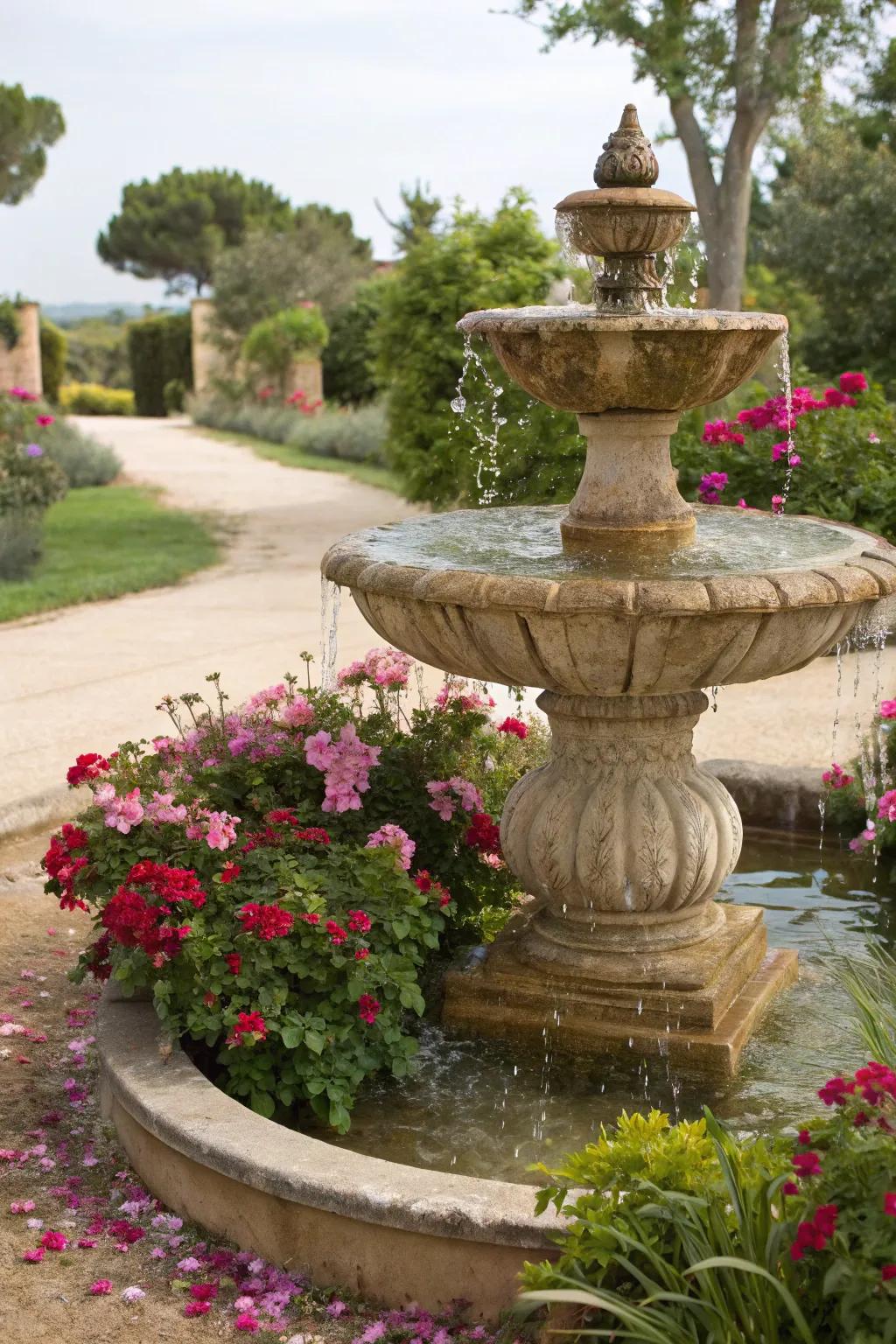 An attractive fountain adds a serene component to this Mediterranean-inspired garden.