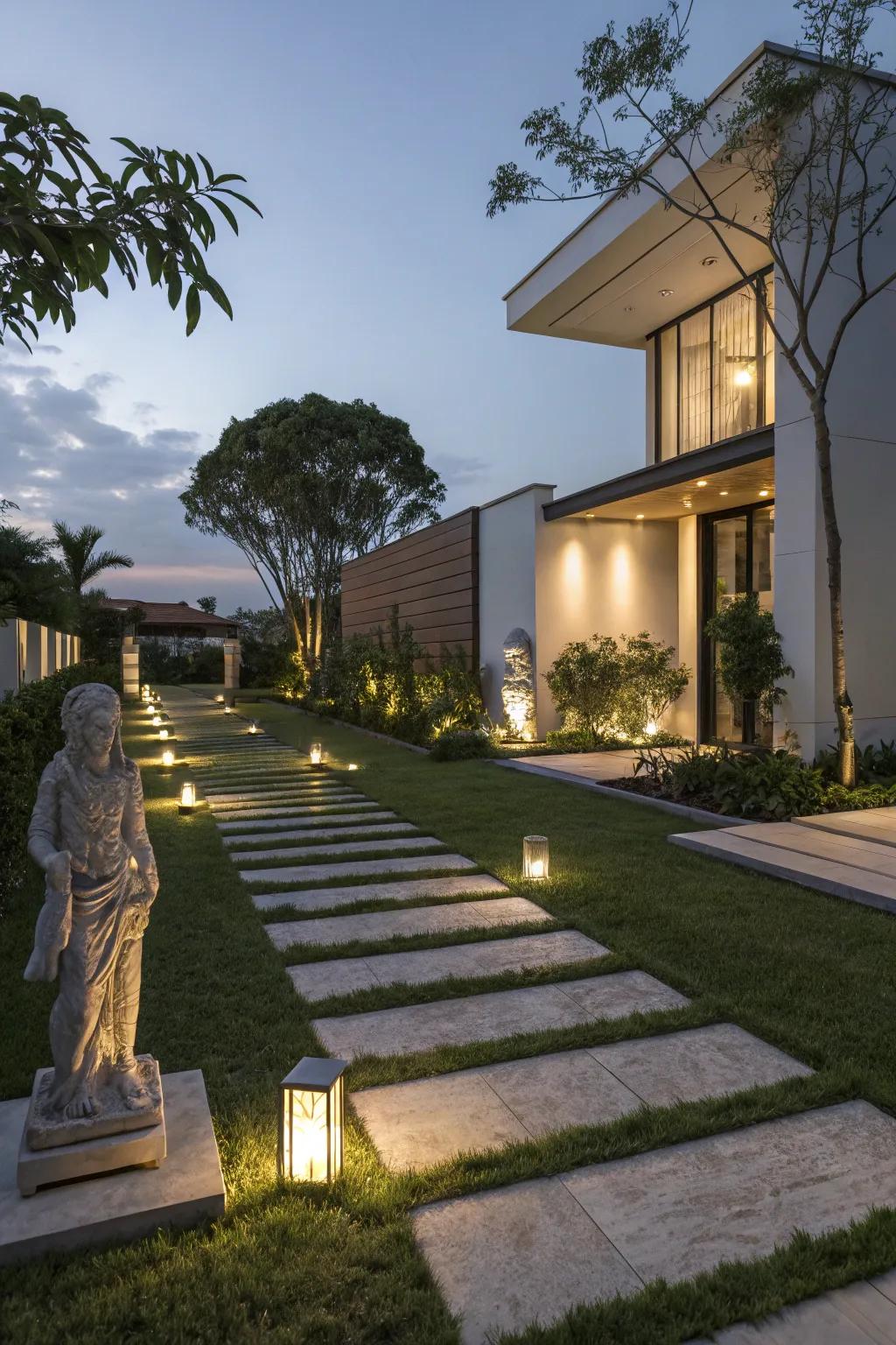 Refined lighting strategies showcase architectural features and pathways.
