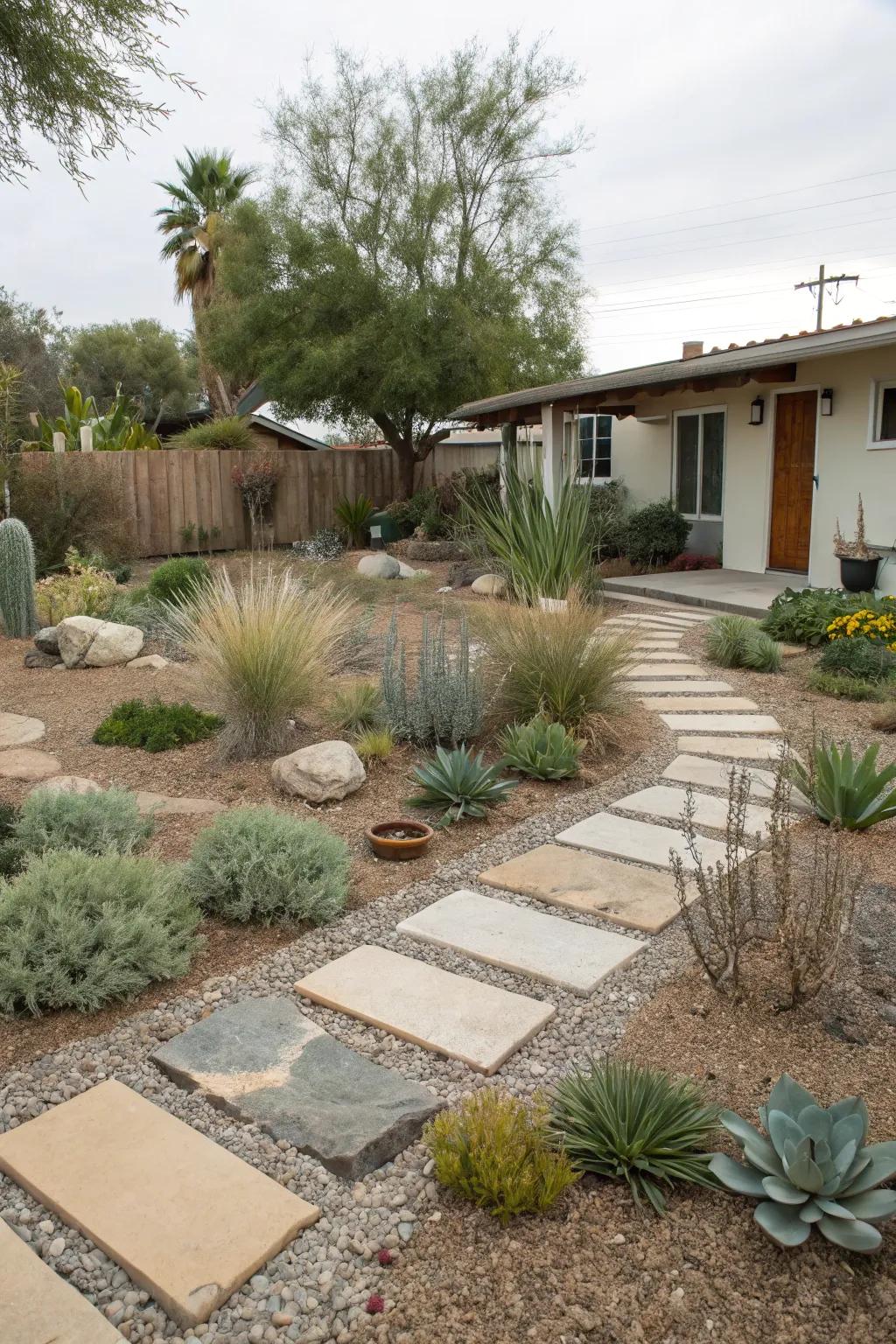 Distinct pathways adding structure and charm to a water-wise garden.