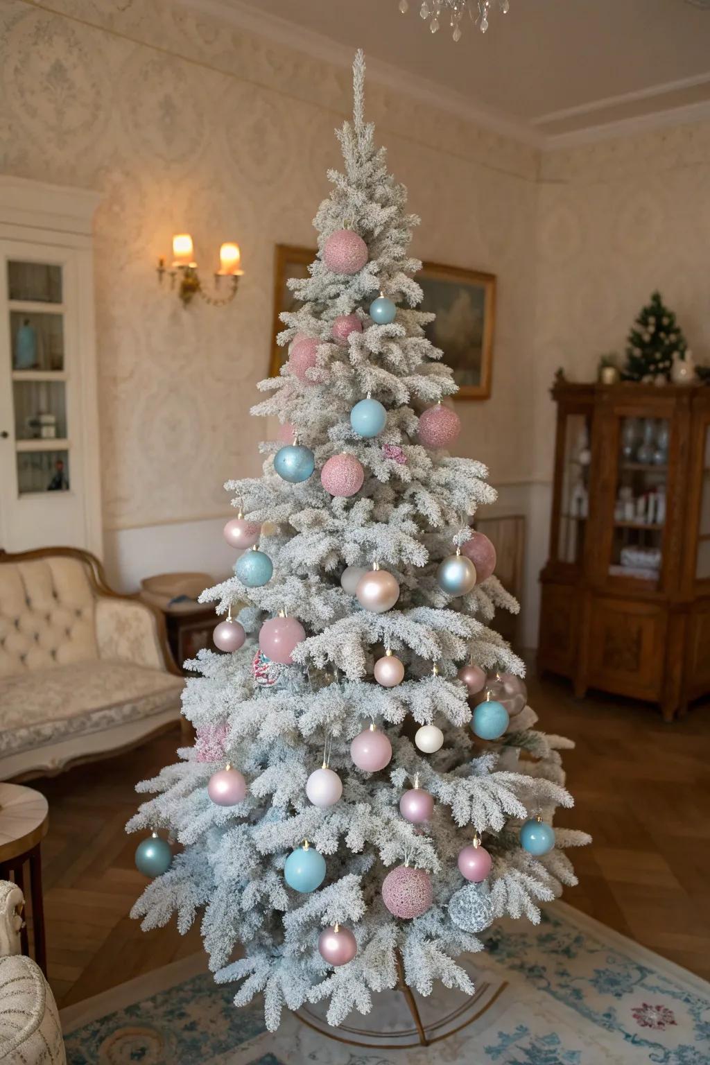 Pale hues bring a vintage charm to this frosted Christmas tree.