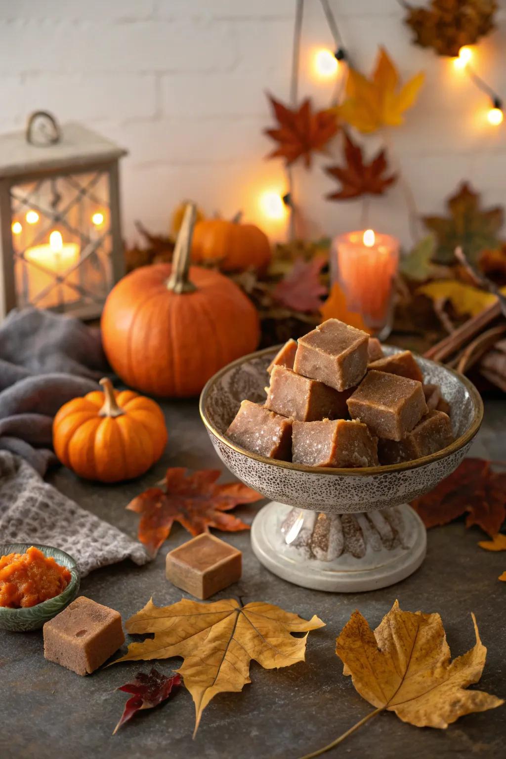 A seasonal-themed sweet squares display with autumnal accents.