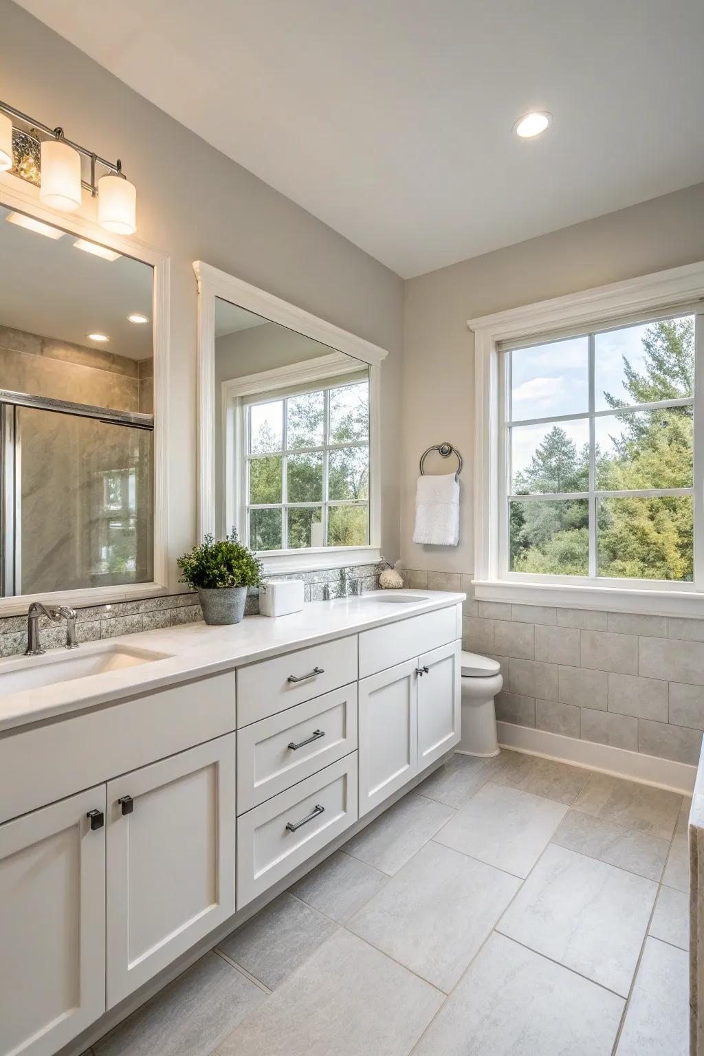 A serene bathroom setting using a muted palette for a calming vibe.