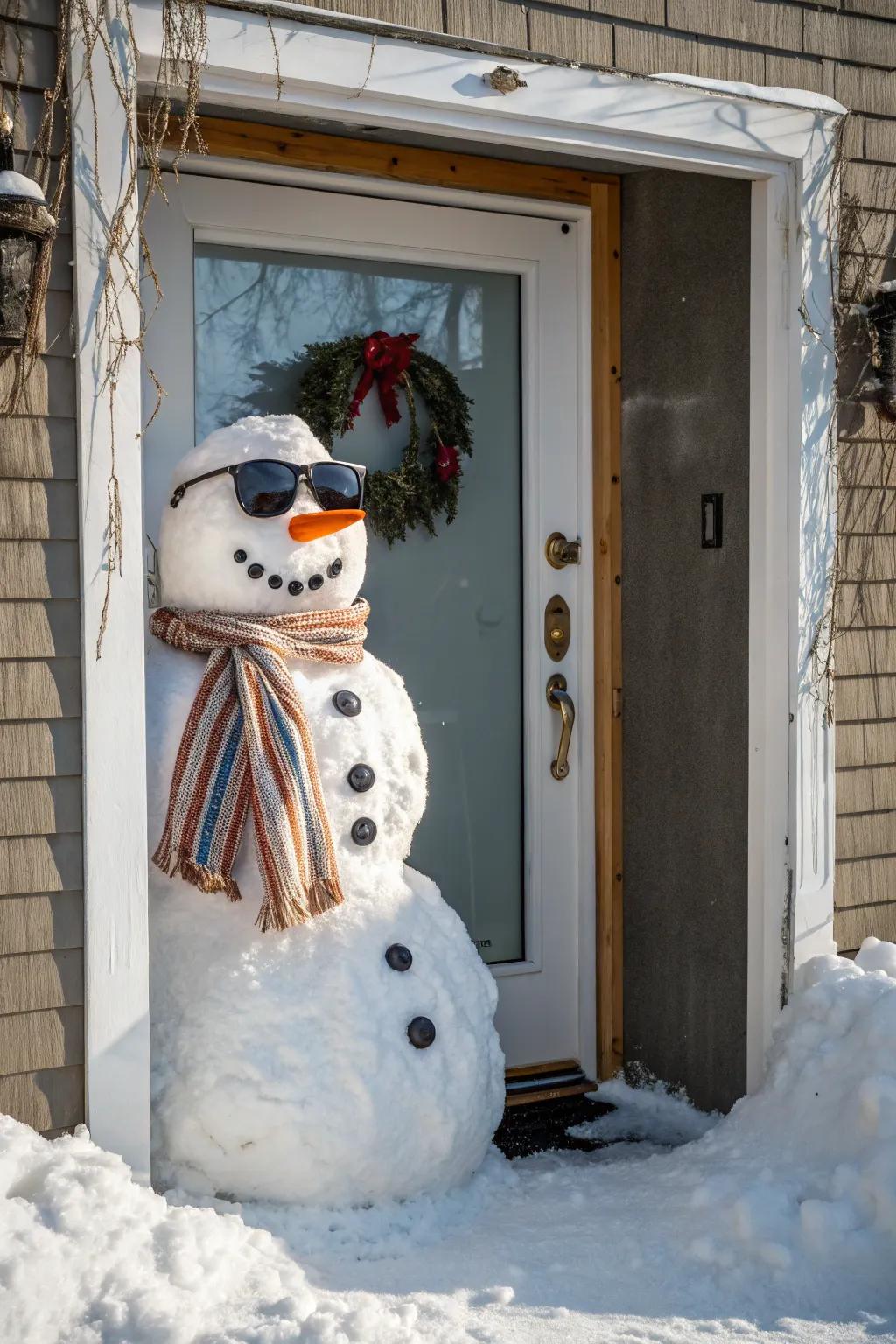 A snowman selfie spot on your door for a fun and interactive Christmas decoration.
