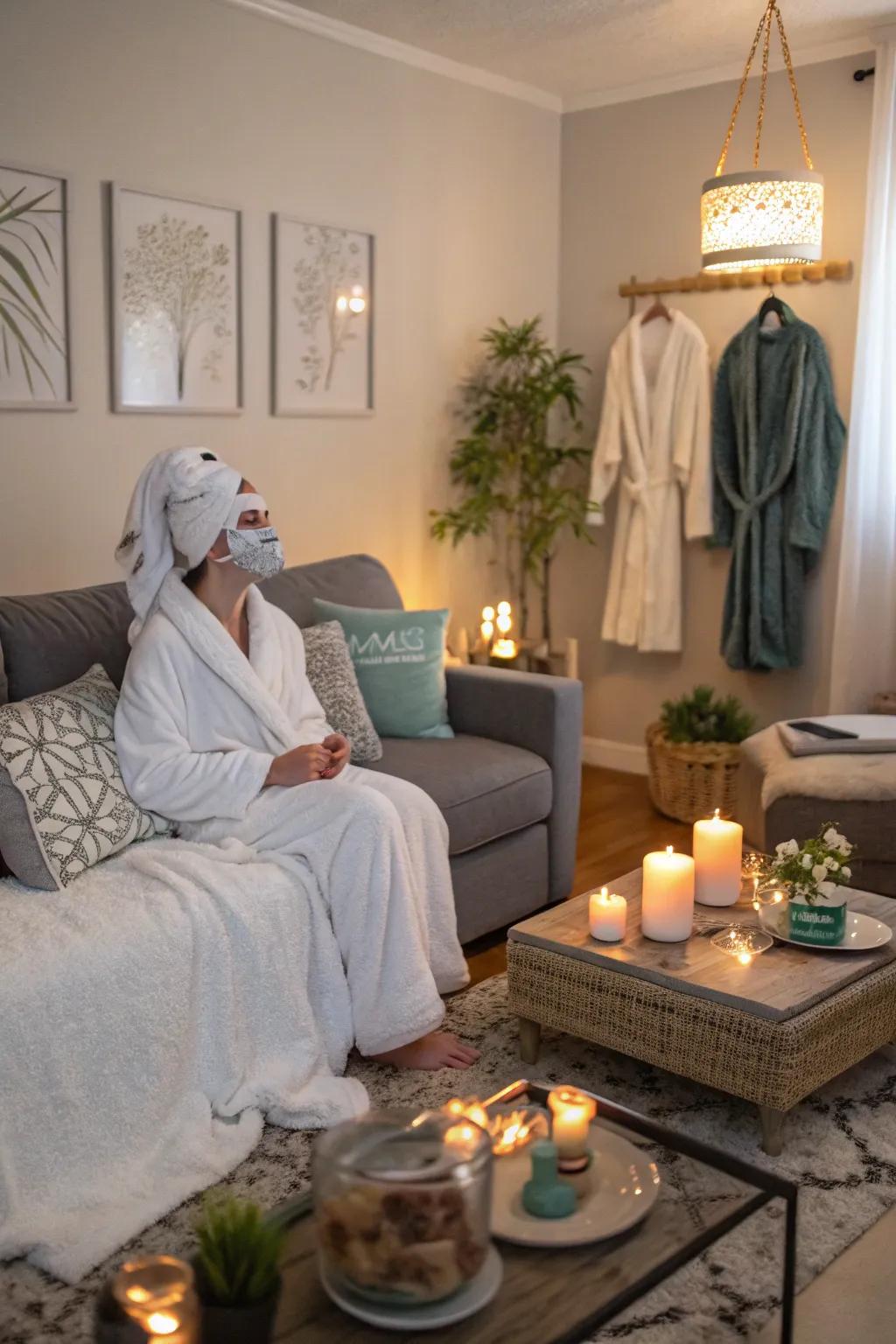 A peaceful spa ambiance for a calming Galentine's Day evening.