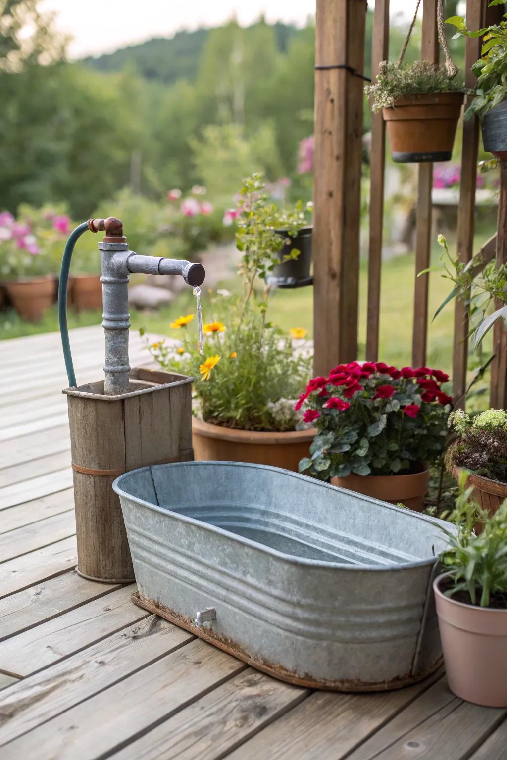 An alluring porch water feature showcasing a metal basin and spout.
